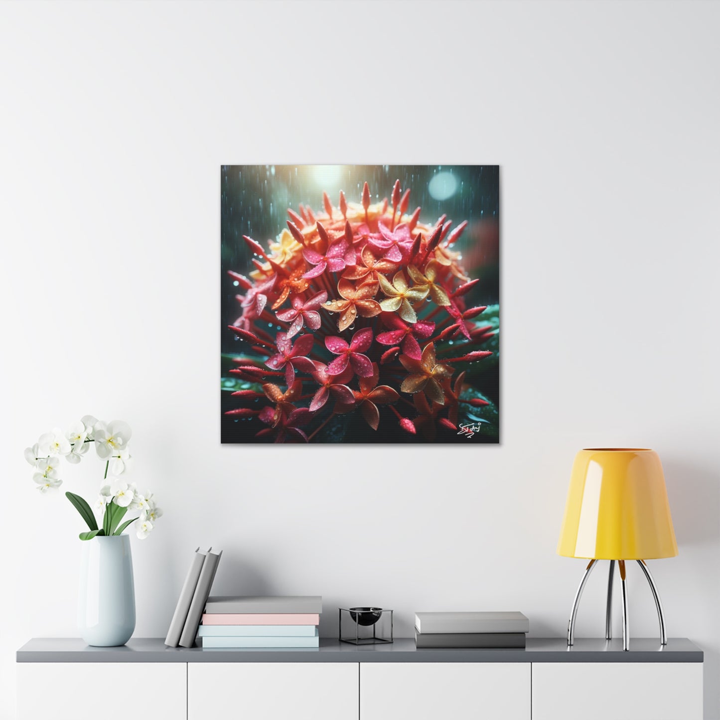 Print of Ixora Flower in The Rain, Caribbean, Vibrant and Vivid Colors of Ixora flowers, Trinidad and Tobago, Canvas Gallery Wraps