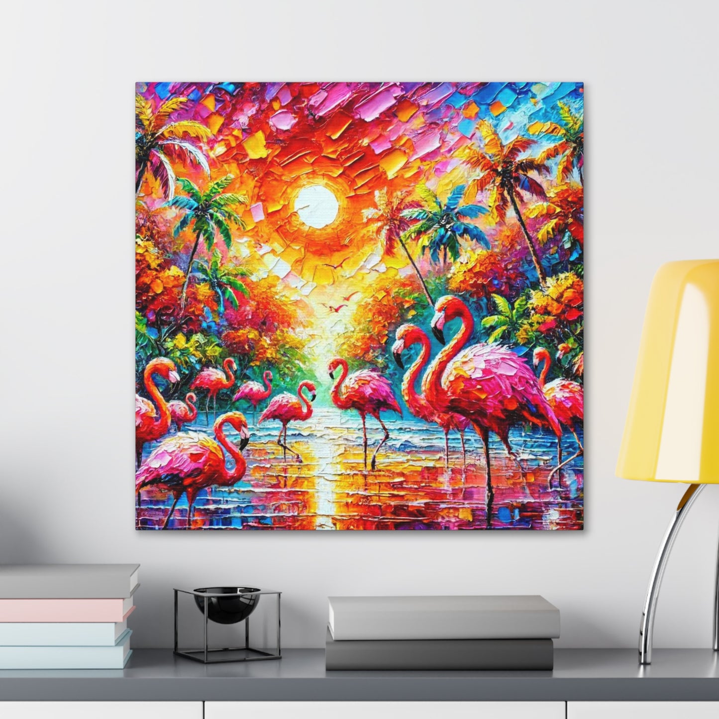 Art Print, Flamingos, Abstract Oil Finish, Trinidad & Tobago, Caribbean, West Indian Art, Canvas Gallery Wraps