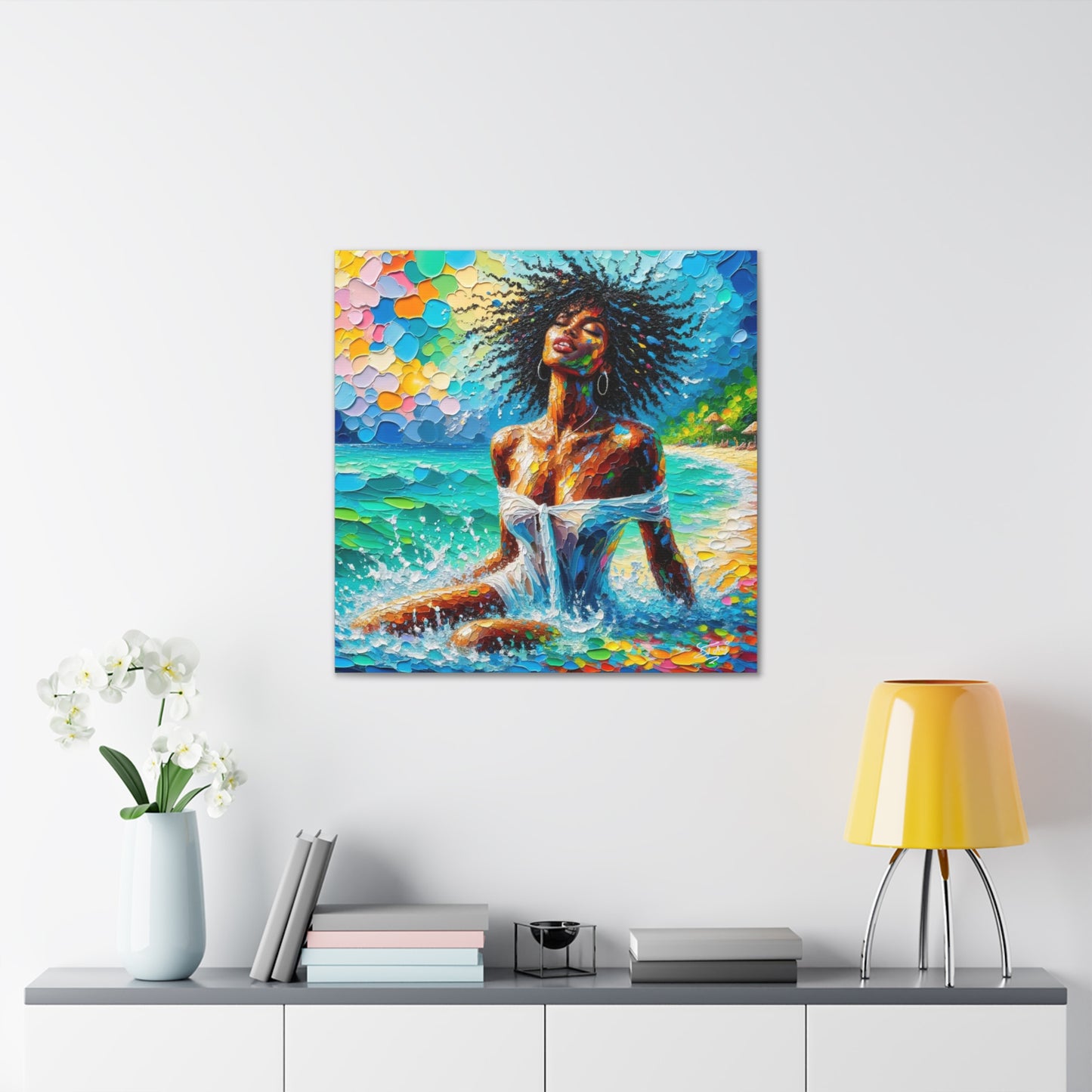 Art Print, Afro-Caribbean Woman, "Sea Bath" Abstract, Oil Finish, West Indian Ethnicity, Cultural, Heritage, Abstract, Canvas Gallery Wrap