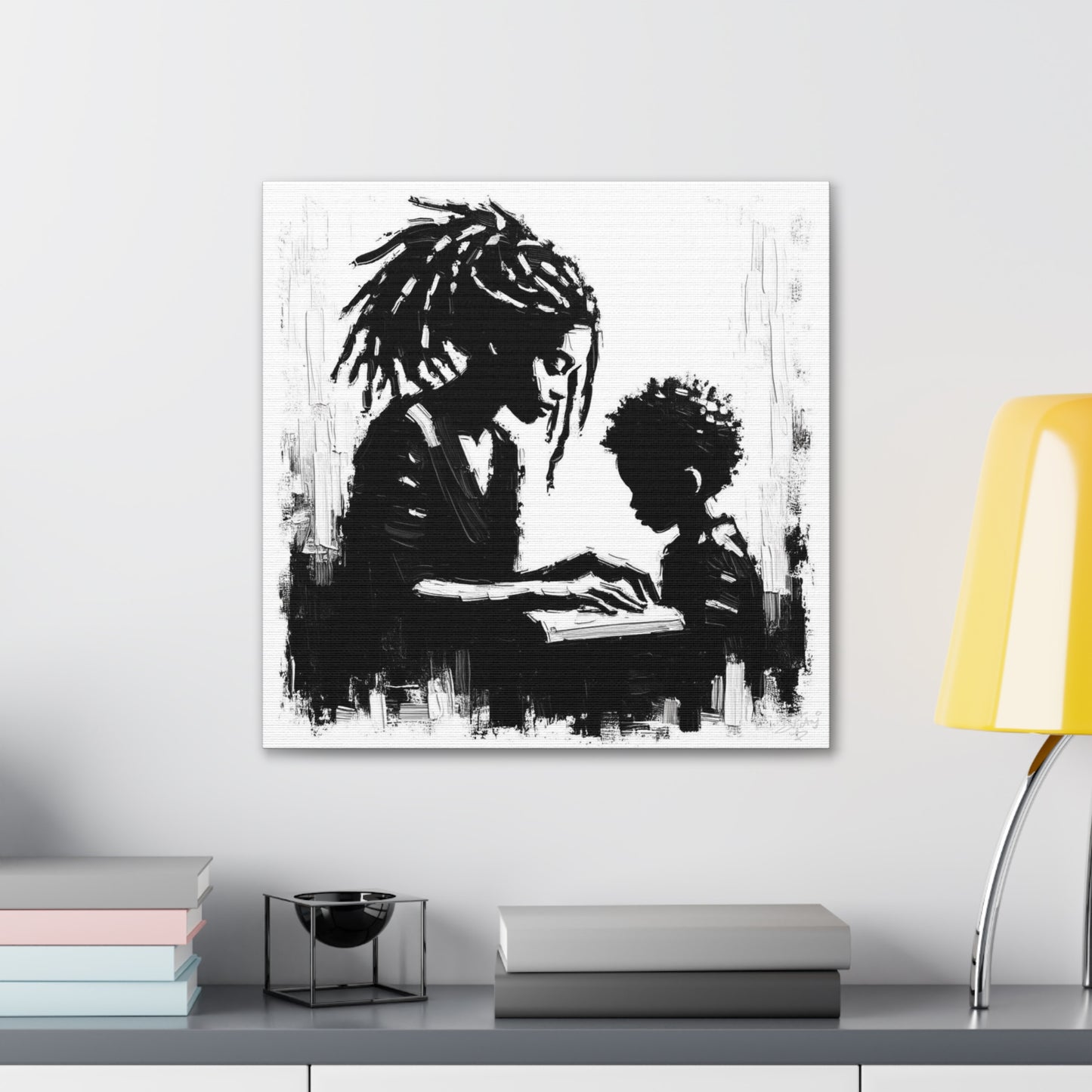 Art Print, Afro-Caribbean Mother & Son, Oil Finish, West Indian Ethnicity, Cultural, Heritage, Semi-Abstract, Canvas Gallery Wrap