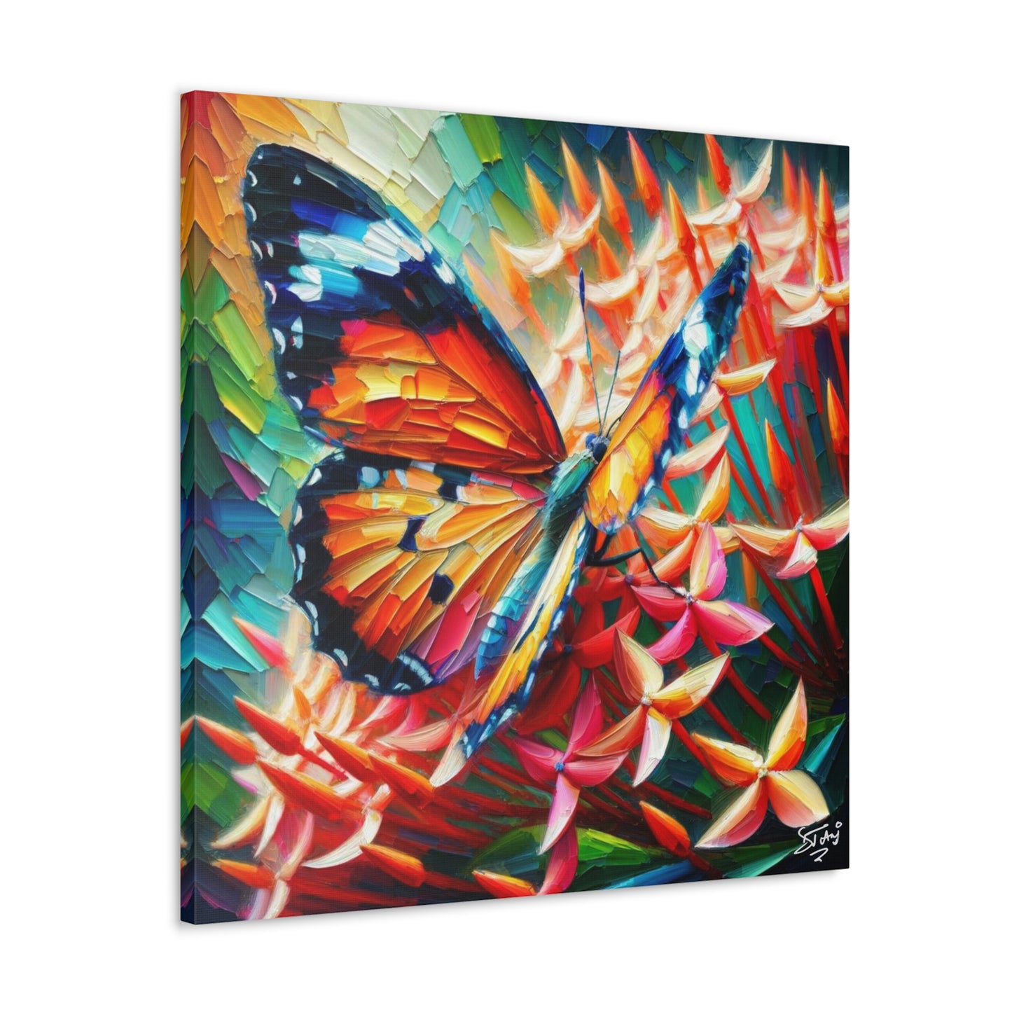 Art Print, Butterfly on Ixoras, Oil Finish, Caribbean Nature, Cultural, Heritage, Semi-Abstract, Canvas Gallery Wrap