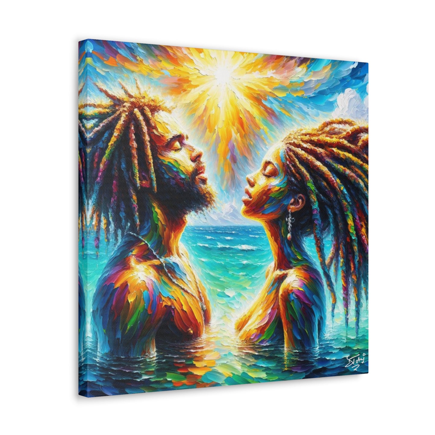 Art Print, Afro-Caribbean Couple in the Ocean, Oil Finish, West Indian Ethnicity, Cultural, Heritage, Semi-Abstract, Canvas Gallery Wrap