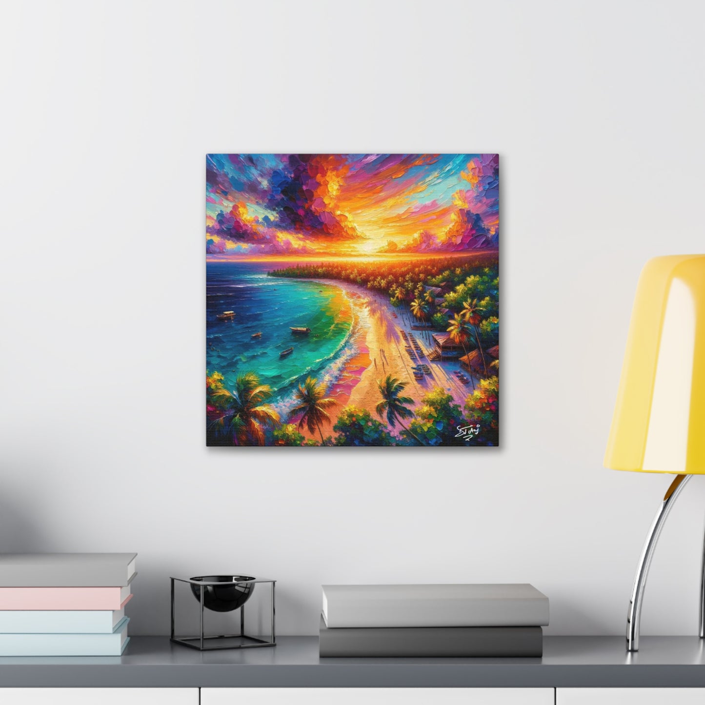 Art Print of Caribbean Beach Sunset Scene, Oil Painting, West Indian Art, Canvas Gallery Wraps