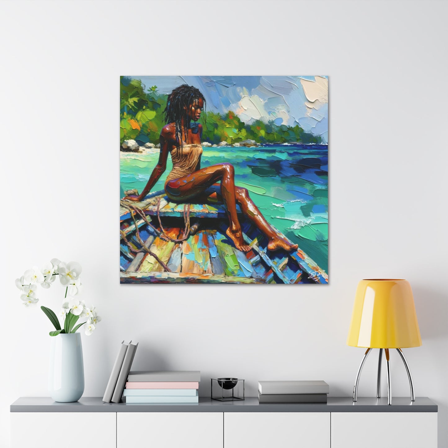 Art Print, Caribbean Woman "Chilling in the Boat" Oil Finish, West Indian Ethnicity, Cultural, Heritage, Semi-Abstract, Canvas Gallery Wrap