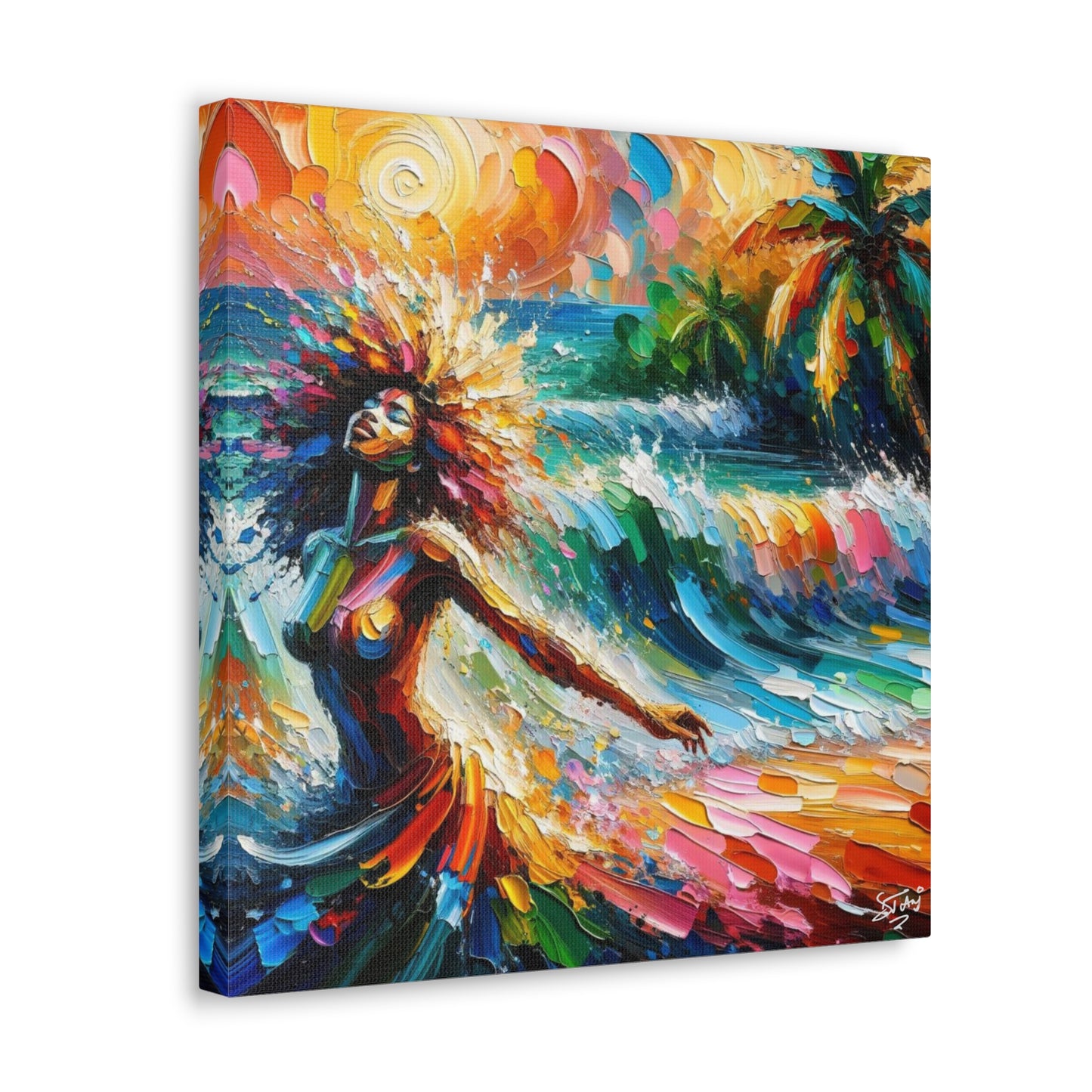 Art Print, Afro-Caribbean Woman, "Enjoying the Sunset" Abstract, Oil Finish, West Indian Ethnicity, Cultural, Heritage, Abstract, Canvas Gallery Wrap