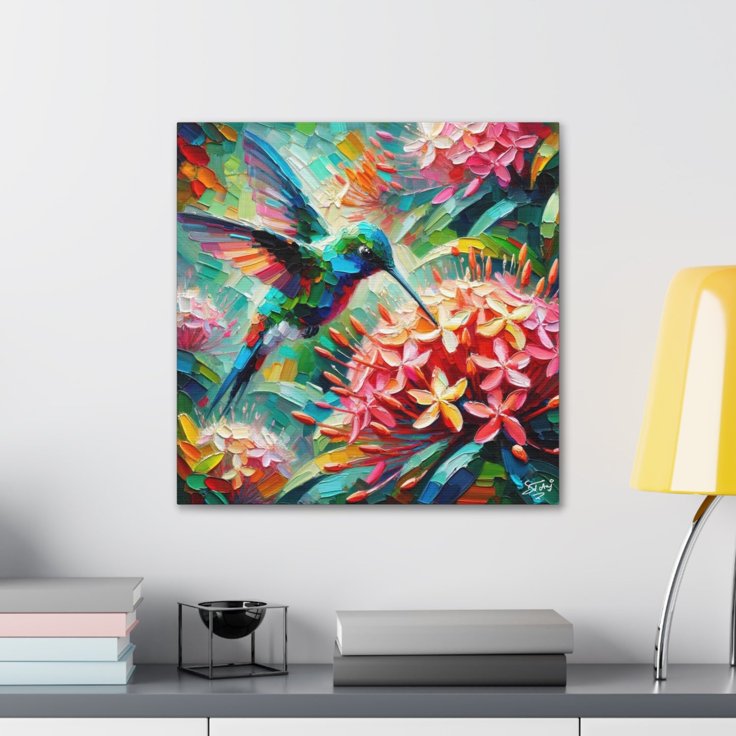 Art Print, Hummingbird, Oil Finish, Caribbean Nature, Cultural, Heritage, Semi-Abstract, Canvas Gallery Wrap