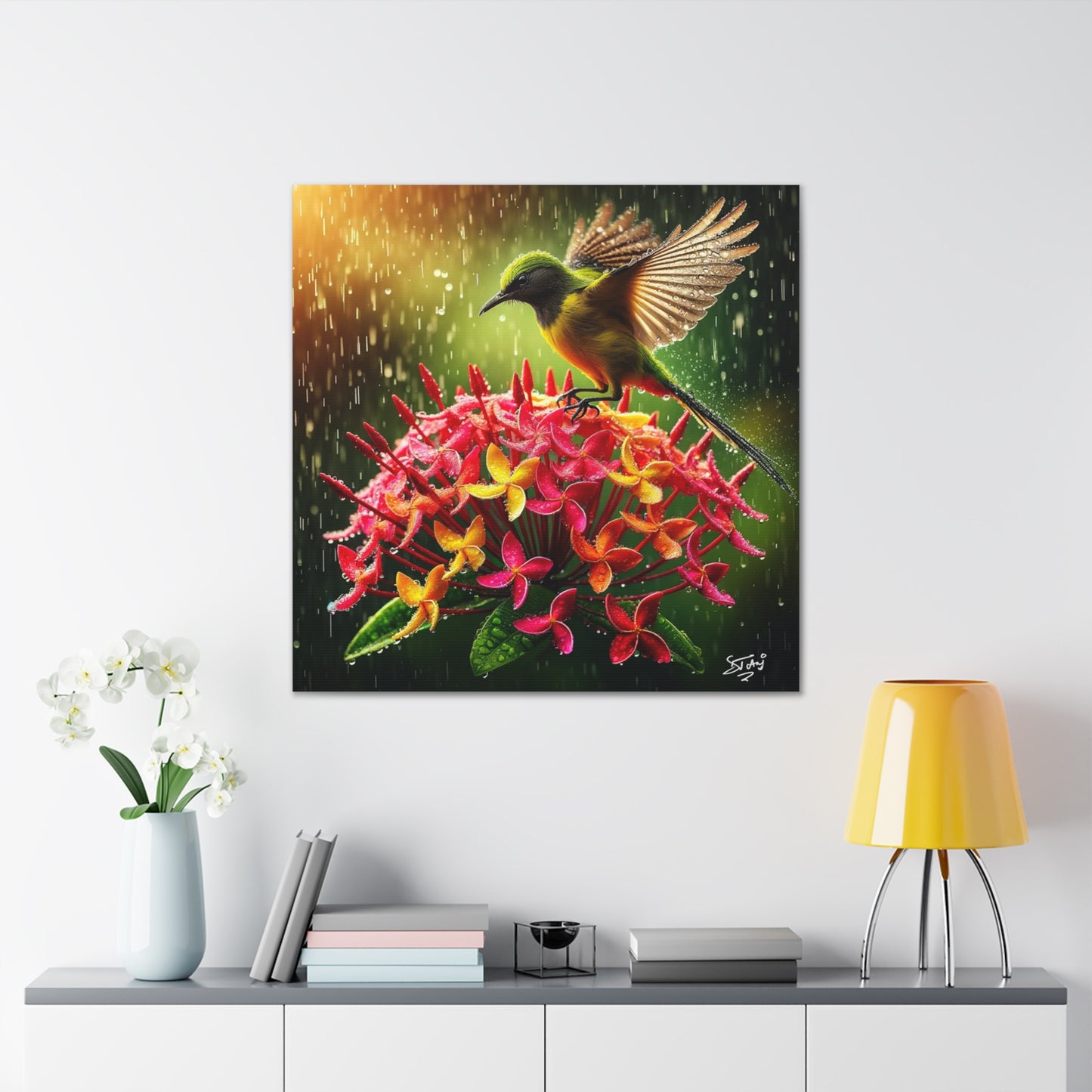 Print#2 of Tropical Bird in the Rain Perched on Ixora Flower, Oil Paint Finish, Caribbean, Tropical, Canvas Gallery Wraps