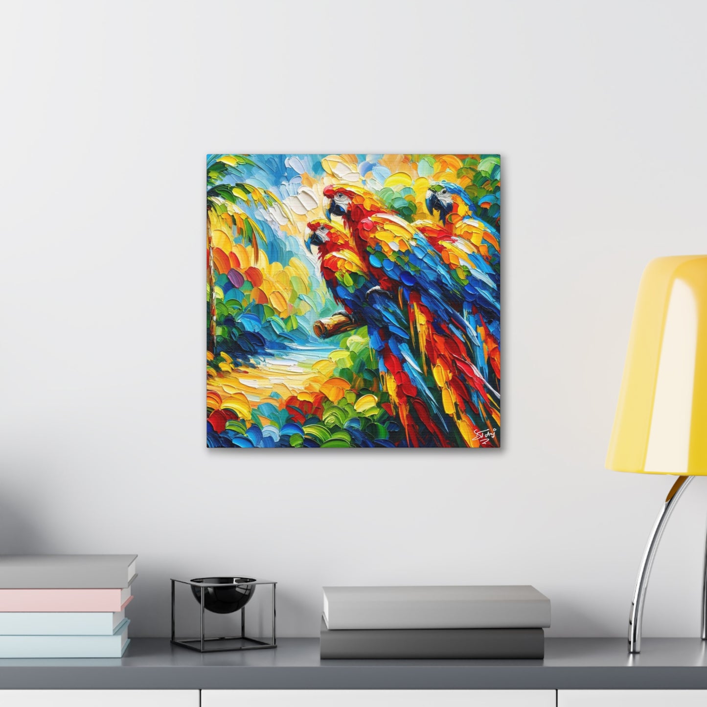 Art Print, The Parrots, Oil Finish, Caribbean Nature, Cultural, Heritage, Semi-Abstract, Canvas Gallery Wrap