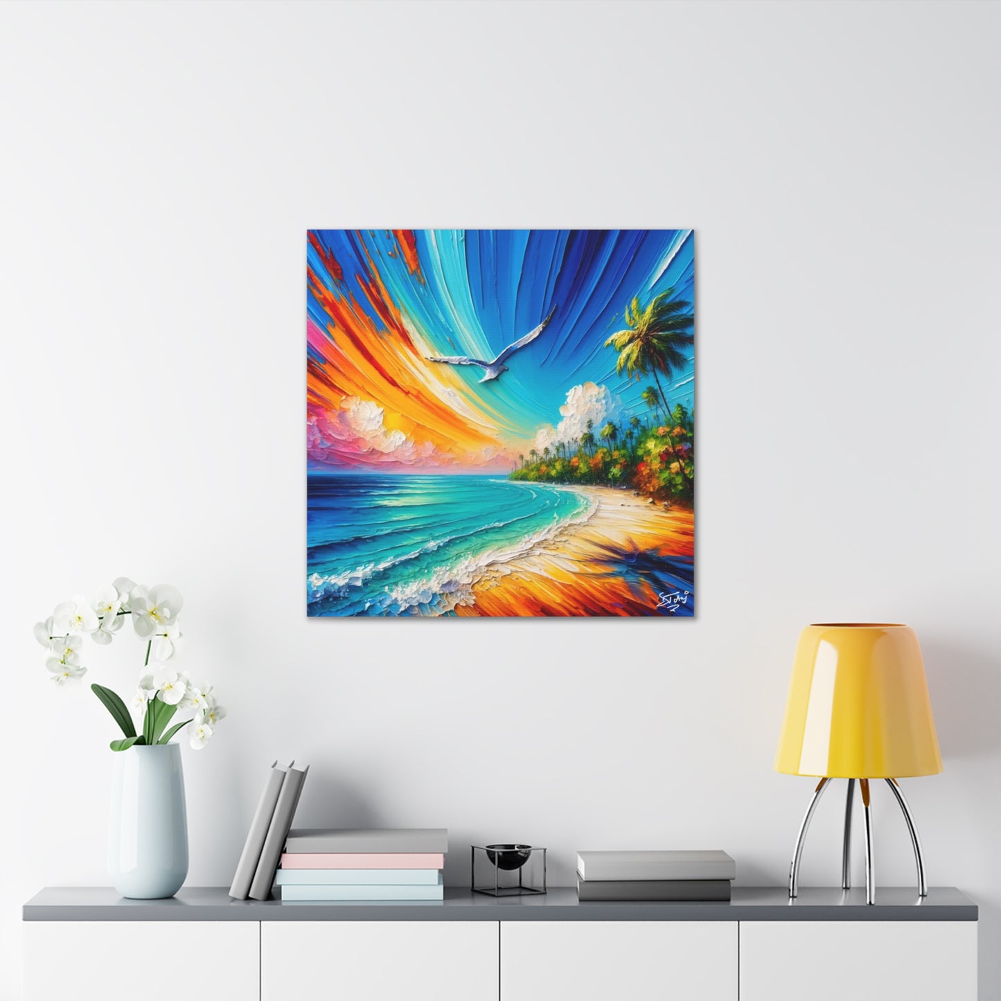 Art Print, "Bird Enjoying View," Oil Finish, Caribbean Nature, Cultural, Heritage, Semi-Abstract, Canvas Gallery Wrap