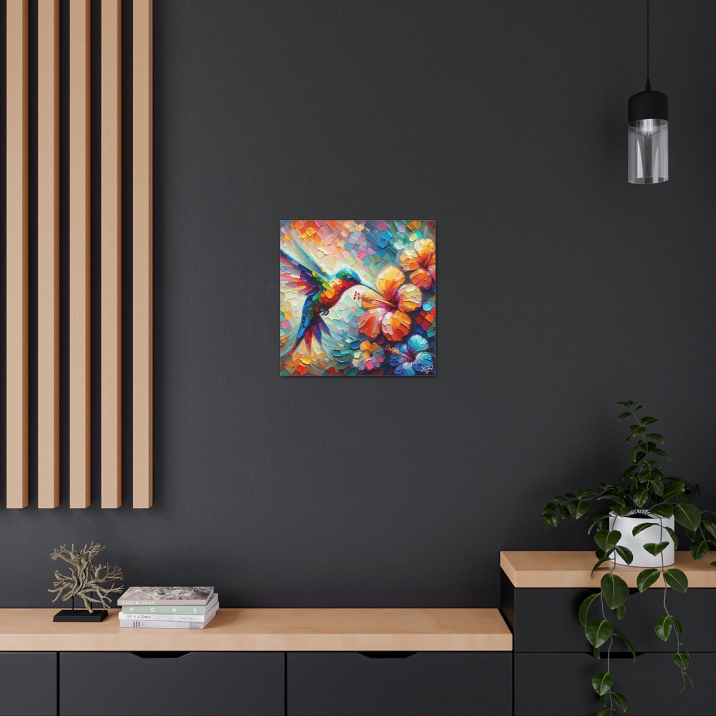 Art Print, Hummingbird on Hibiscus, Oil Finish, Caribbean Nature, Cultural, Heritage, Semi-Abstract, Canvas Gallery Wrap