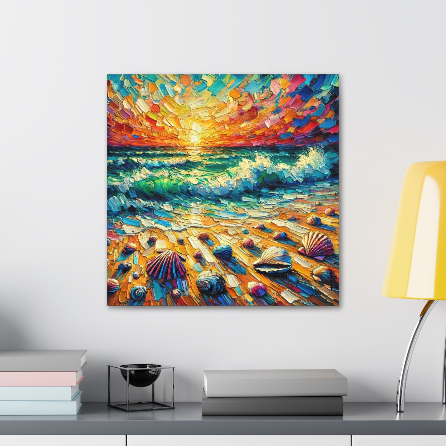 Art Print, Seashells on Caribbean Beach, Sunset, Semi-Abstract, Oil Painting, West Indian Art, Canvas Gallery Wraps