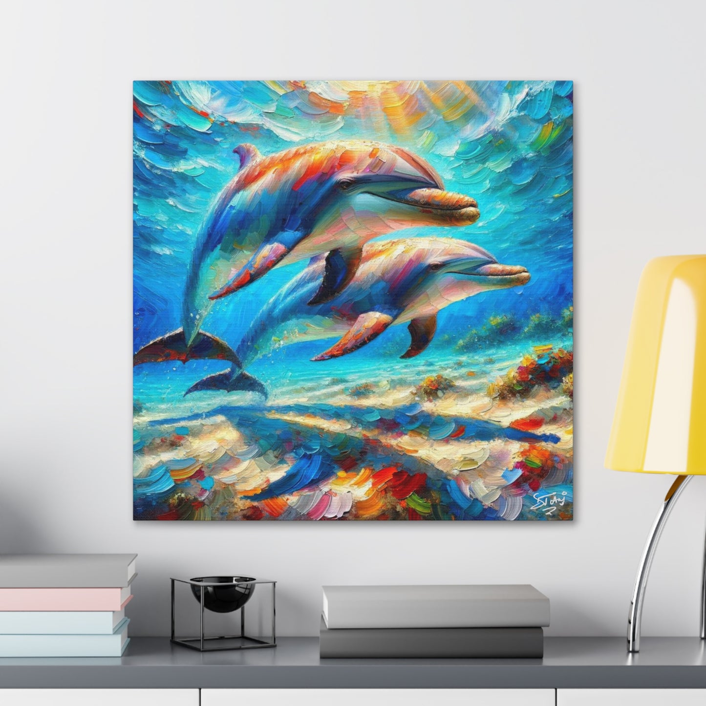 Art Print, Two Dolphins, Oil Finish, Caribbean Nature, Canvas Gallery Wrap