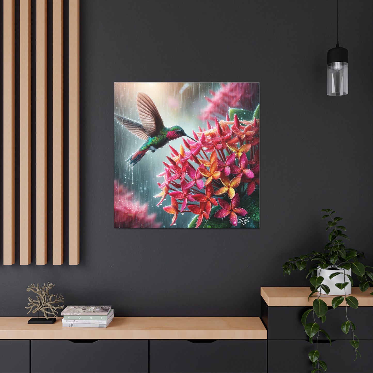 Print of Hummingbird in the Rain Hovering over Ixora Flower, Oil Paint Finish, Caribbean, Tropical, Canvas Gallery Wraps