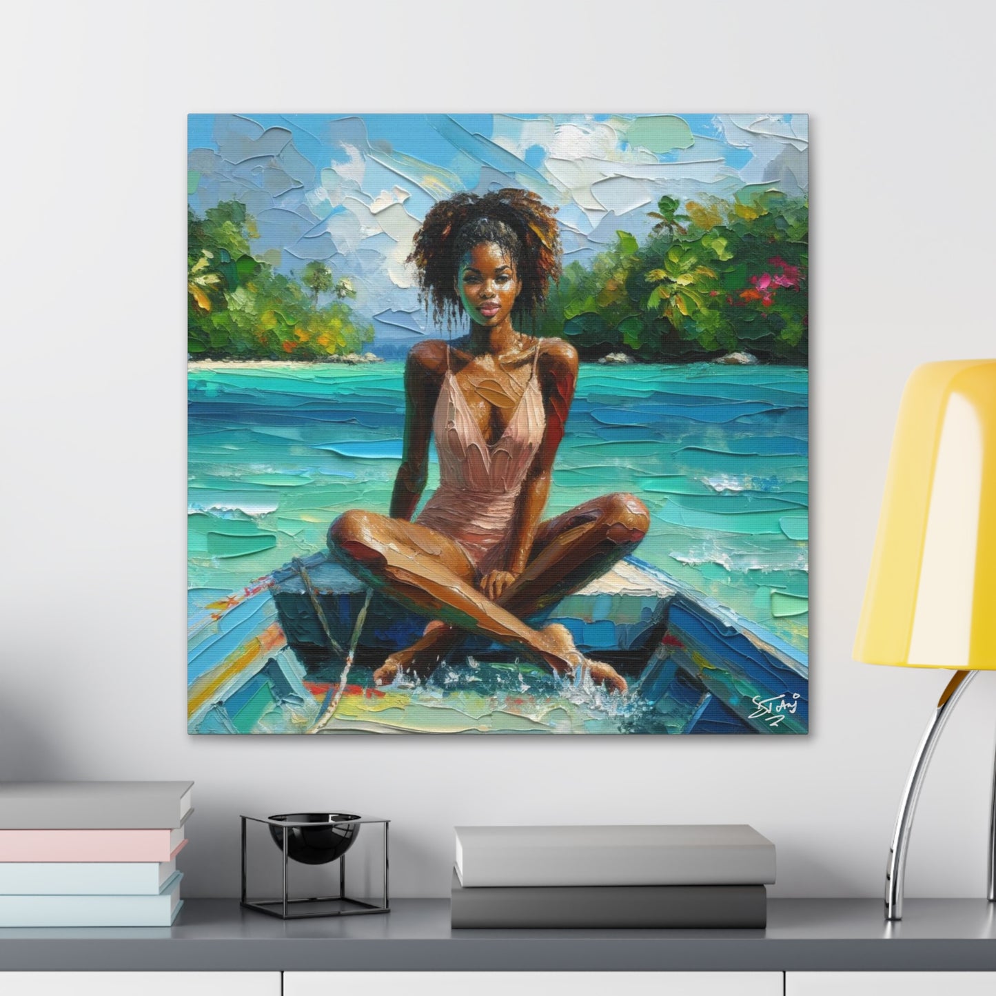 Art Print, Caribbean Woman "Chilling in the Boat" Oil Finish, West Indian Ethnicity, Cultural, Heritage, Semi-Abstract, Canvas Gallery Wrap