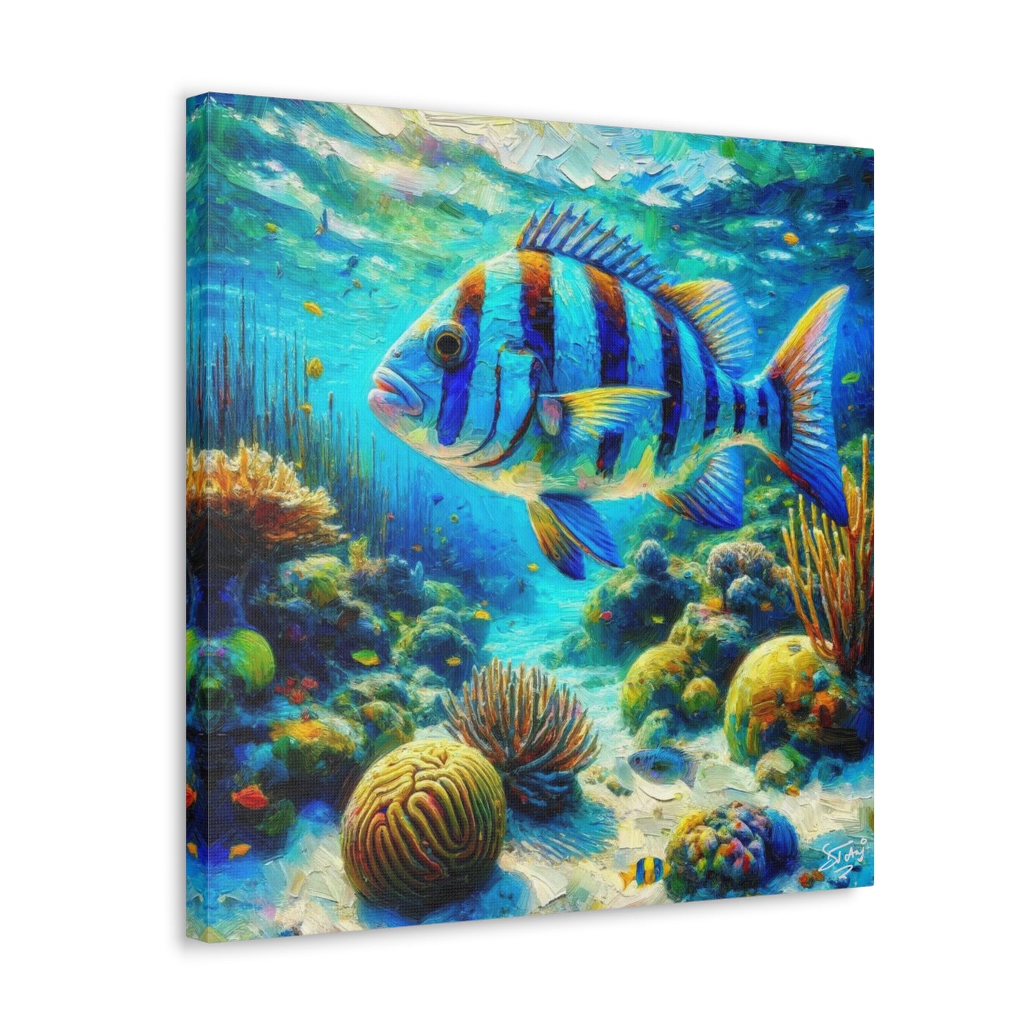 Art Print, Blue-Striped Grunt Fish in Coral Reef, Oil Finish, Caribbean Nature, Semi-Abstract, Canvas Gallery Wrap