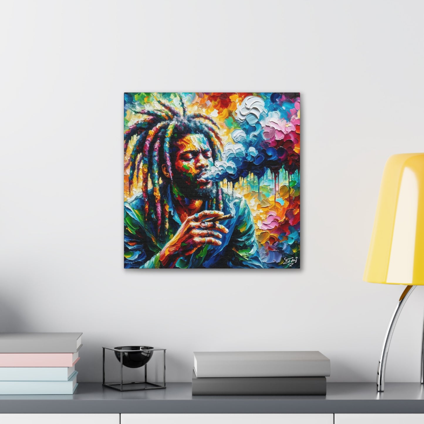 Art Print of Rastaman Smoking, Oil Finish, West Indian Ethnicity, Cultural, Heritage, Afro-Caribbean Man, Semi-Abstract, Canvas Gallery Wrap