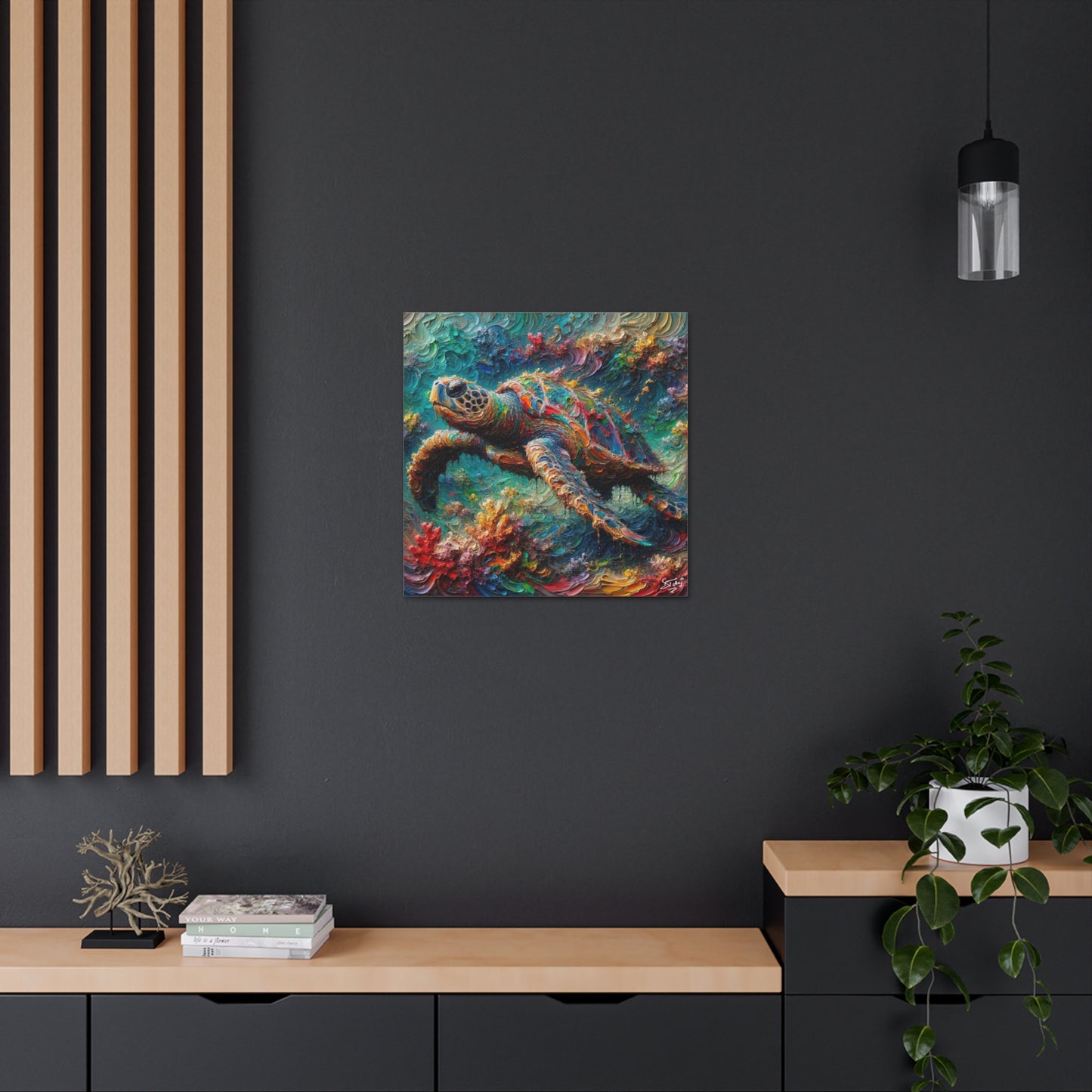 Art Print, Turtle in Reef, Oil Finish, Caribbean Nature, Cultural, Heritage, Semi-Abstract, Canvas Gallery Wrap