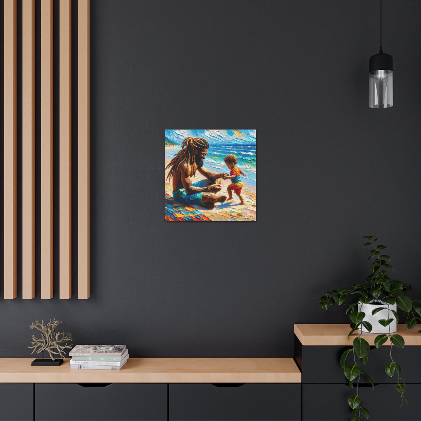 Art Print, Afro-Caribbean Father & Son "Sitting on the Beach," Oil Finish, West Indian Ethnicity, Cultural, Heritage, Semi-Abstract, Canvas Gallery Wrap