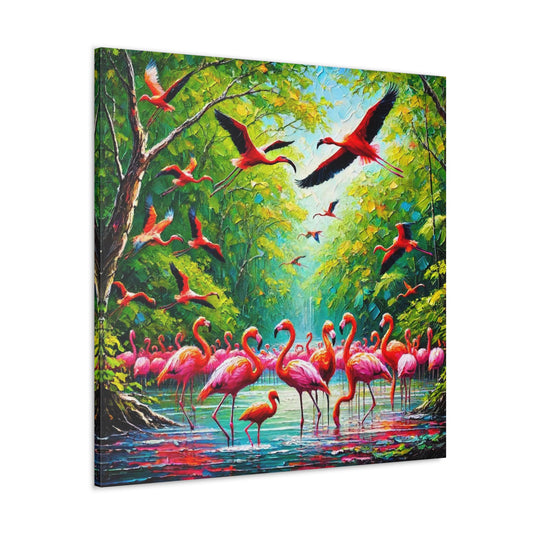 Art Print, Scarlet Ibises & Flamingos in Their Natural Mangrove Habitat in Trinidad and Tobago, Caribbean, West Indian Art, Canvas Gallery Wraps