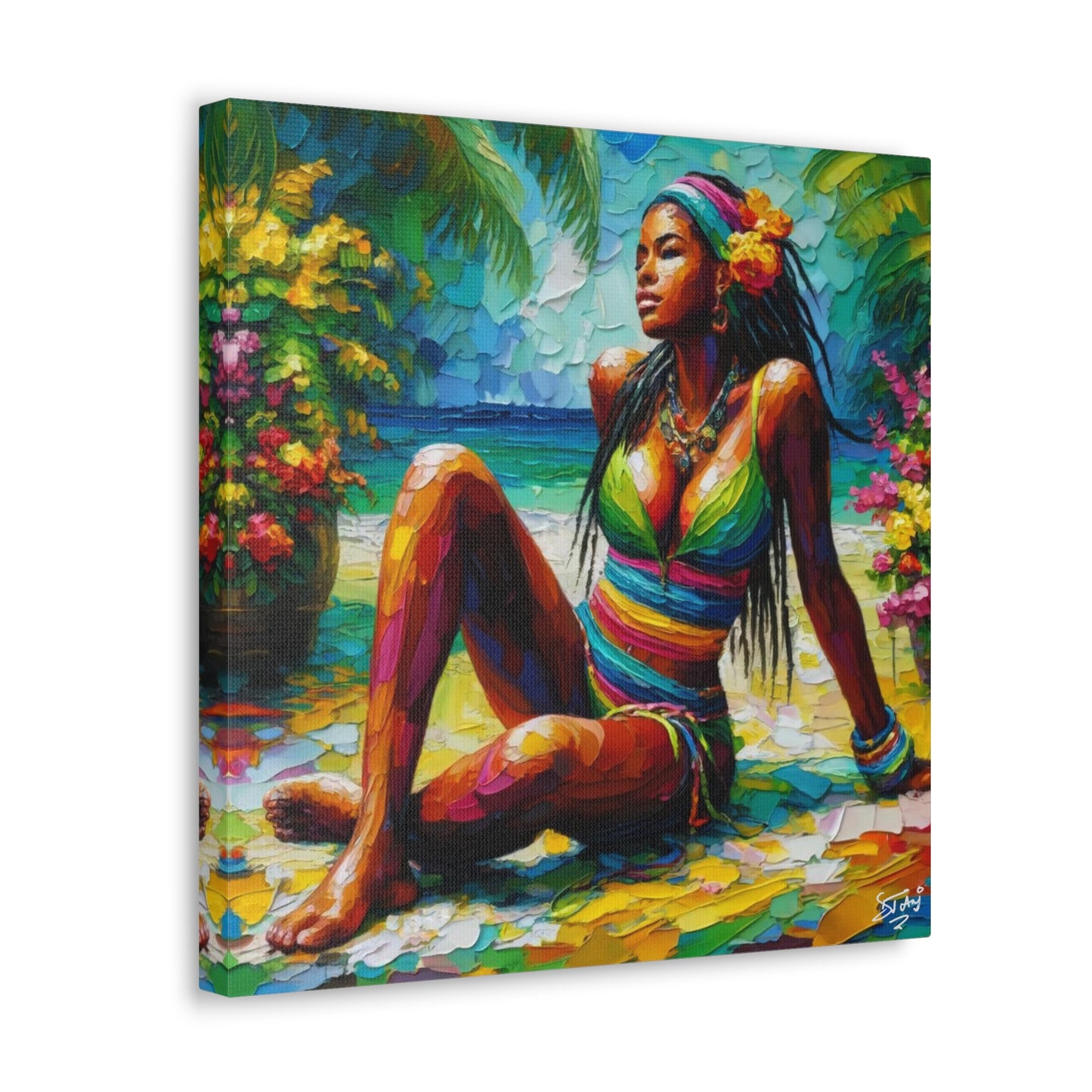 Art Print, Caribbean Woman, "Relaxing" Oil Finish, West Indian Ethnicity, Cultural, Heritage, Abstract, Canvas Gallery Wrap