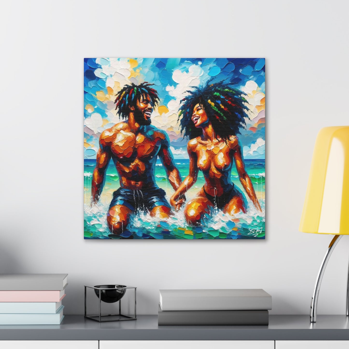 Art Print, Afro-Caribbean Couple in the Ocean, Oil Finish, West Indian Ethnicity, Cultural, Heritage, Semi-Abstract, Canvas Gallery Wrap