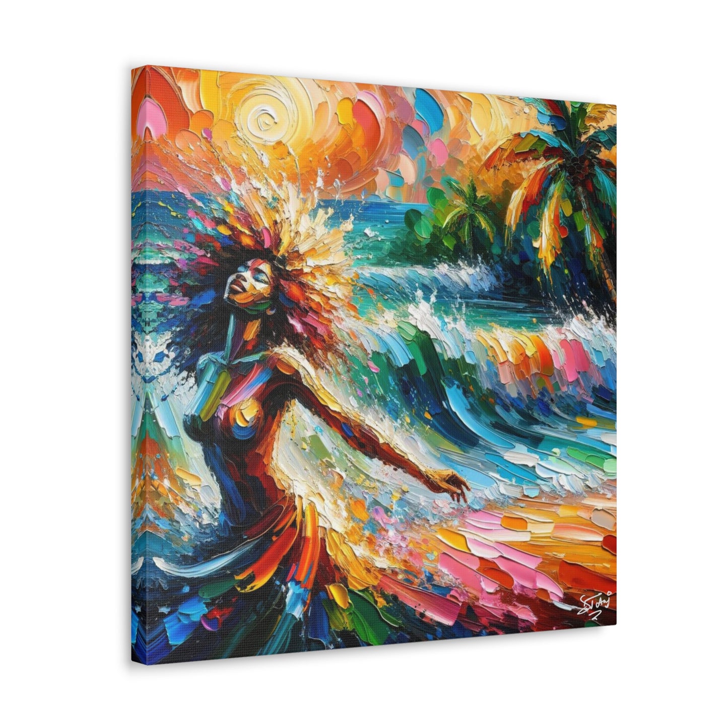 Art Print, Afro-Caribbean Woman, "Enjoying the Sunset" Abstract, Oil Finish, West Indian Ethnicity, Cultural, Heritage, Abstract, Canvas Gallery Wrap