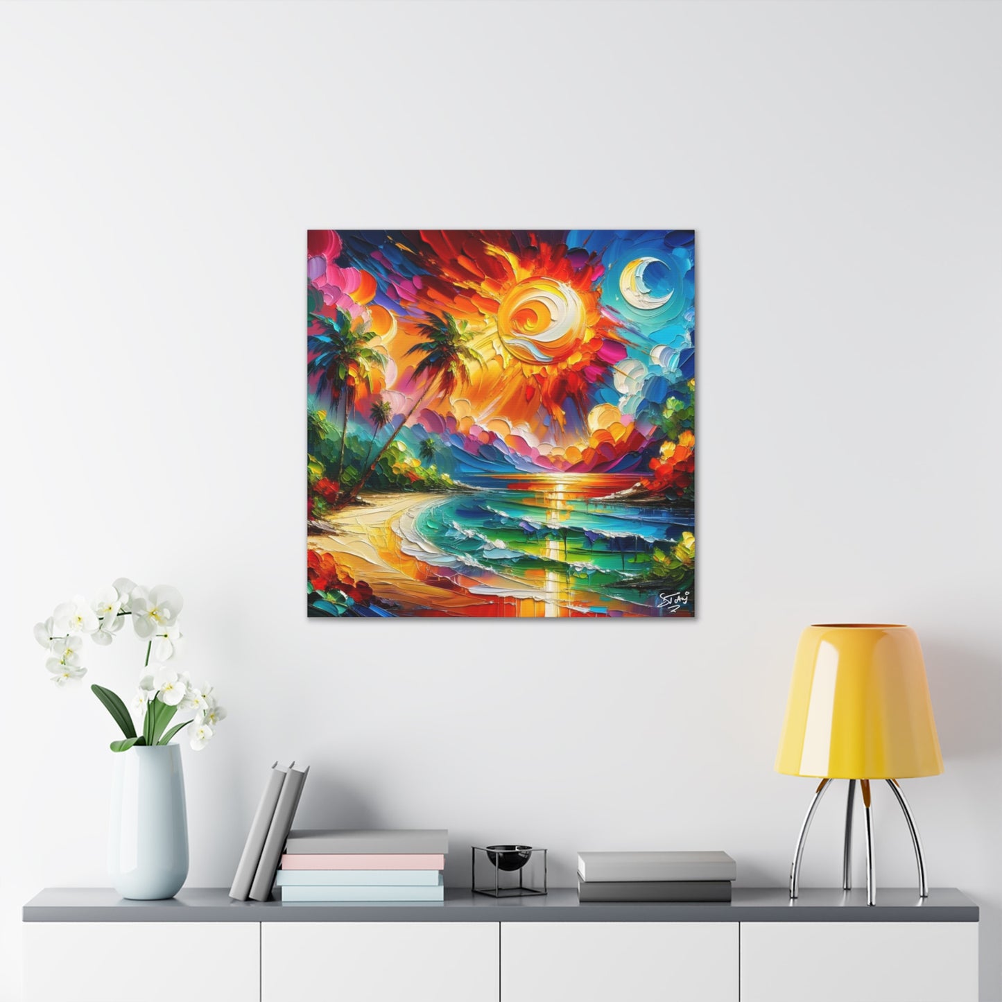 Art Print of Caribbean Sunset Scene, Semi-Abstract, Oil Painting, West Indian Art, Canvas Gallery Wraps