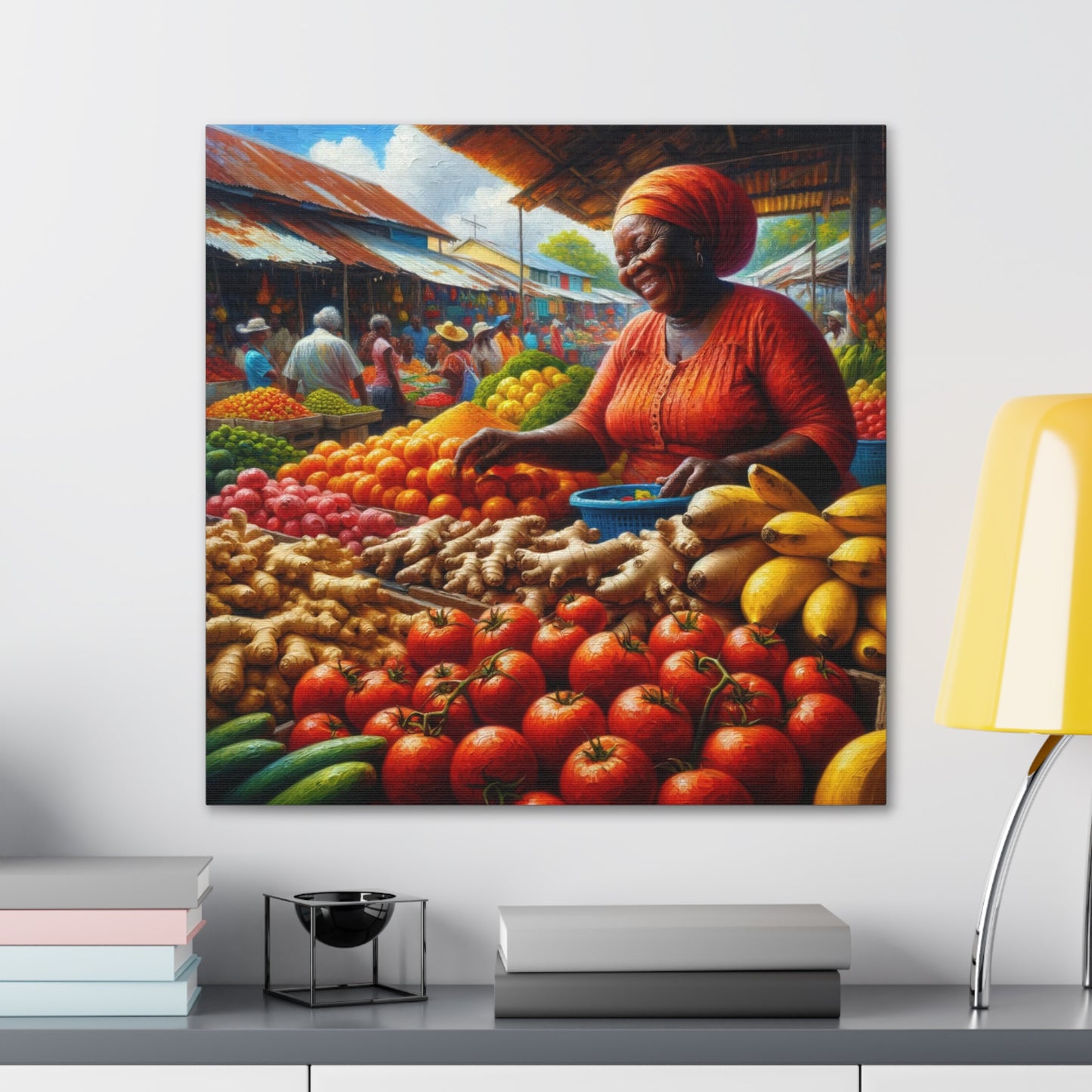 Art Print#6, "Selling at the Market", Market Scene in Trinidad, Caribbean, Oil Finish, West Indian Art, Canvas Gallery Wraps