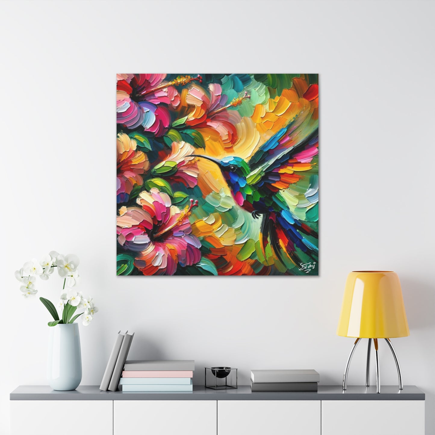 Art Print, Hummingbird on Hibiscus, Oil Finish, Caribbean Nature, Cultural, Heritage, Semi-Abstract, Canvas Gallery Wrap