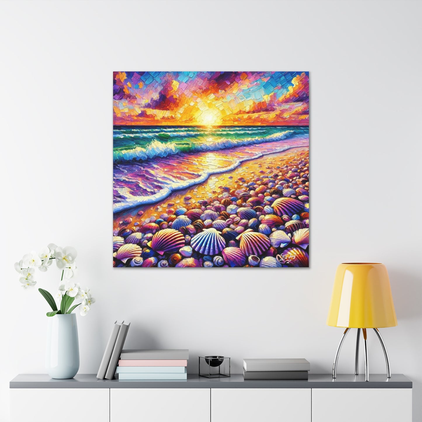 Art Print, Seashell, Caribbean Sunset Beach Scene, Abstract, Oil Painting, West Indian Art, Canvas Gallery Wraps