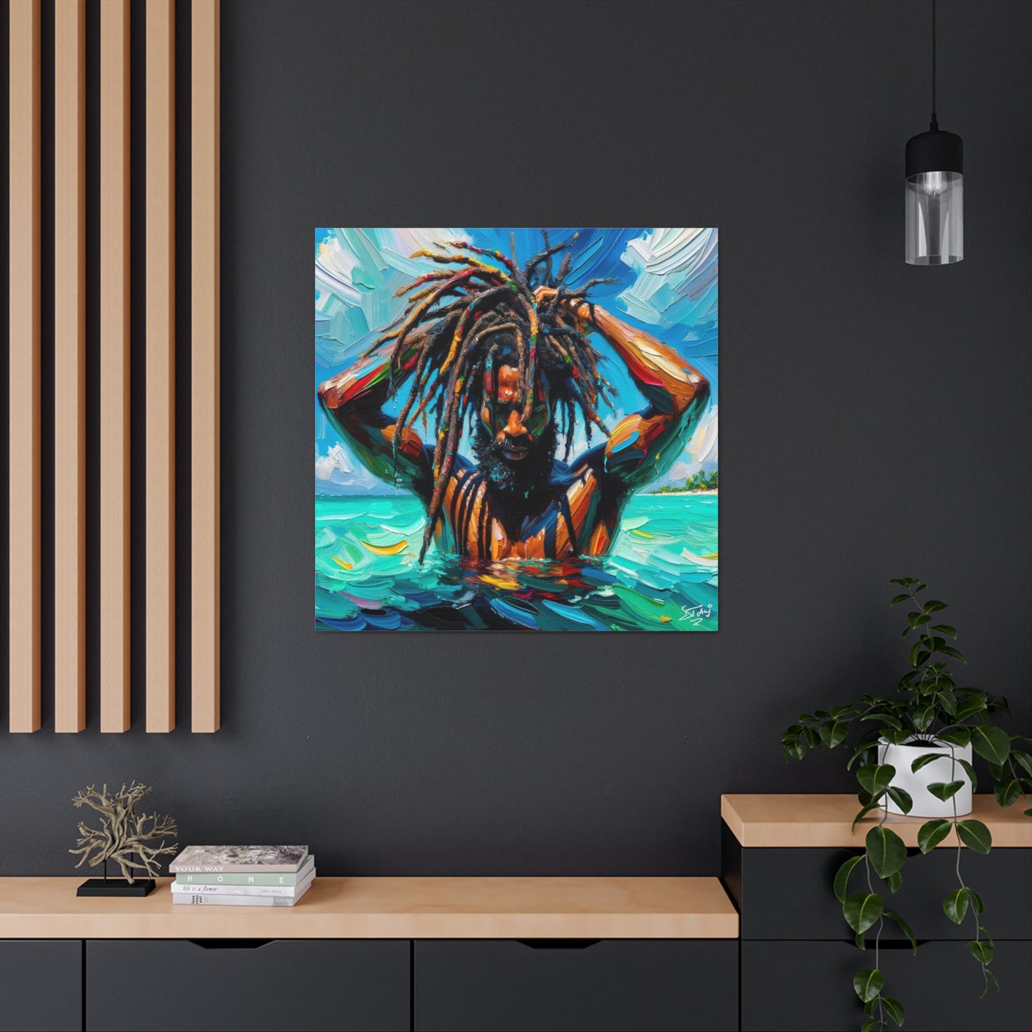 Art Print, Afro-Caribbean Man with Dreadlocks, Oil Finish, West Indian Ethnicity, Cultural, Heritage, Semi-Abstract, Canvas Gallery Wrap