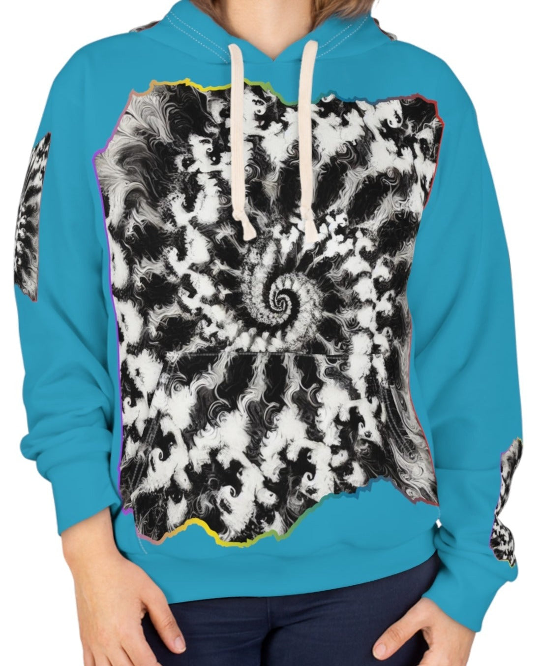 Unisex Pullover Hoodie (AOP) "B&W Tie-Dye Abstract Print"