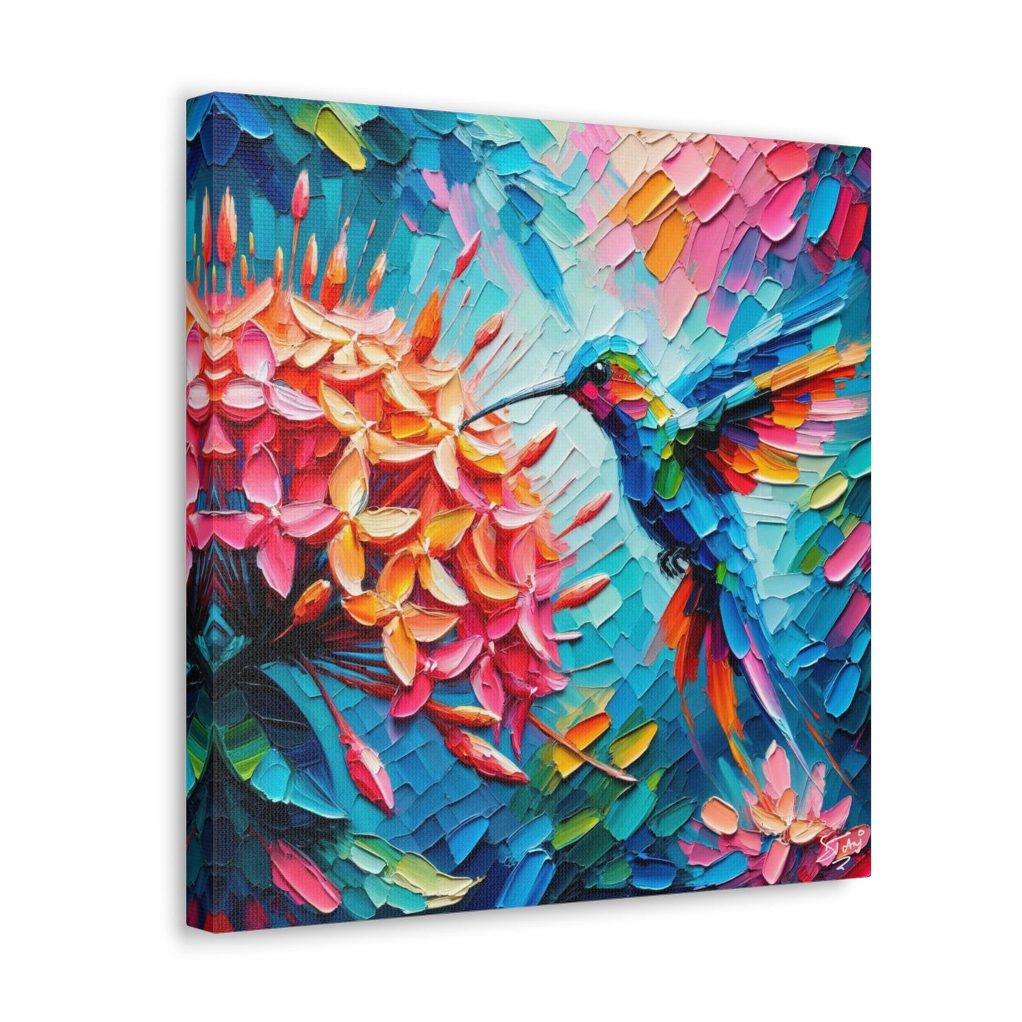 Art Print, Hummingbird on Ixora, Oil Finish, Caribbean Nature, Cultural, Heritage, Semi-Abstract, Canvas Gallery Wrap