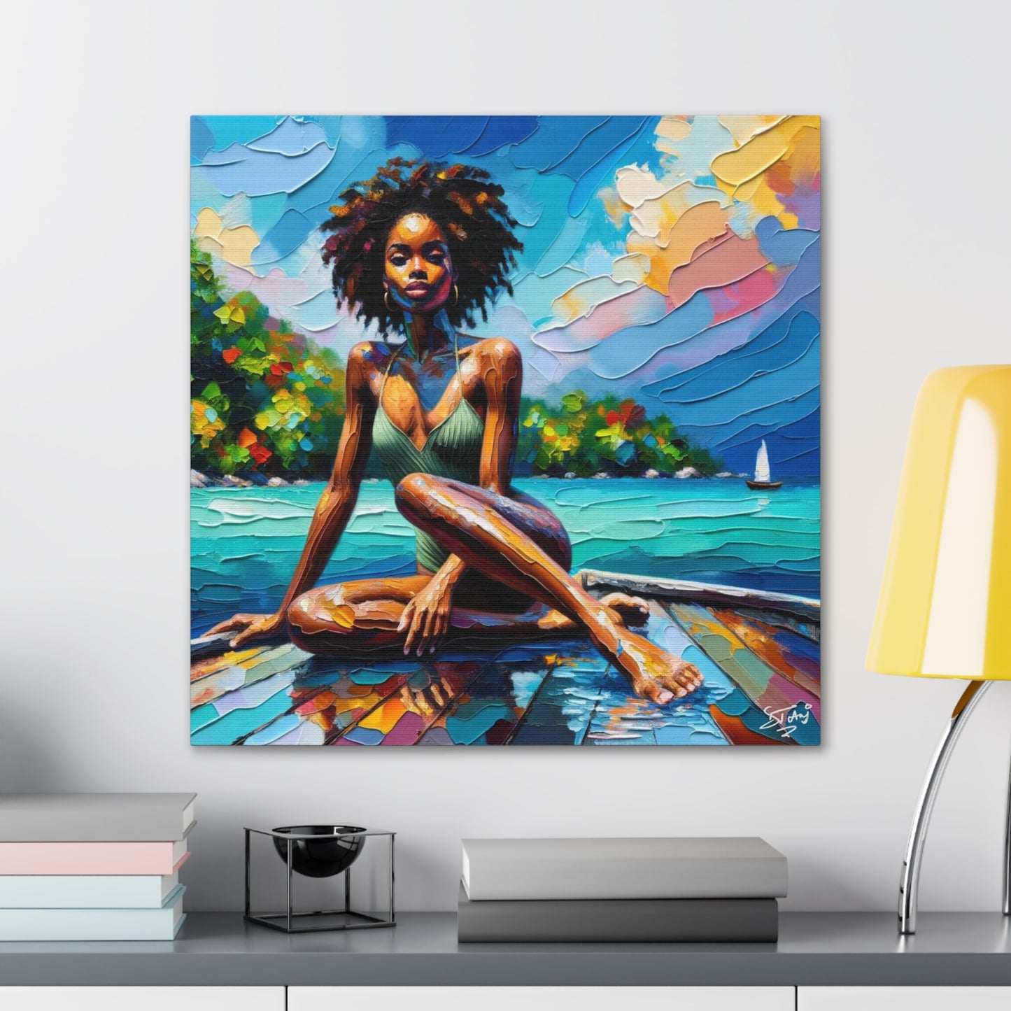 Art Print, Afro-Caribbean Woman "Chilling in the Boat" Oil Finish, West Indian Ethnicity, Cultural, Heritage, Semi-Abstract, Canvas Gallery Wrap