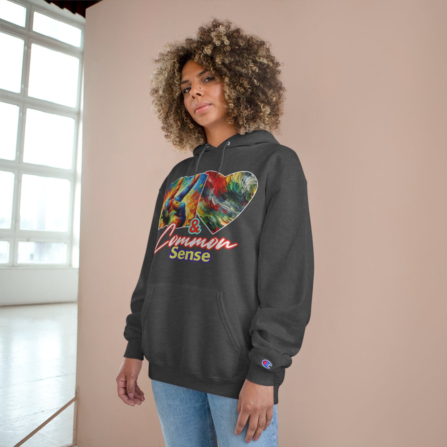 Champion Hoodie, "Peace, Love & Common Sense" Inclusion, Anti-Racism, Racial Justice, One Love, Unity, Diversity, Immigrant Outsiders, Caribbean Culture, FashionWithPurpose, ConsciousClothing, Cultural Identity, Black Inspiration Empowerment