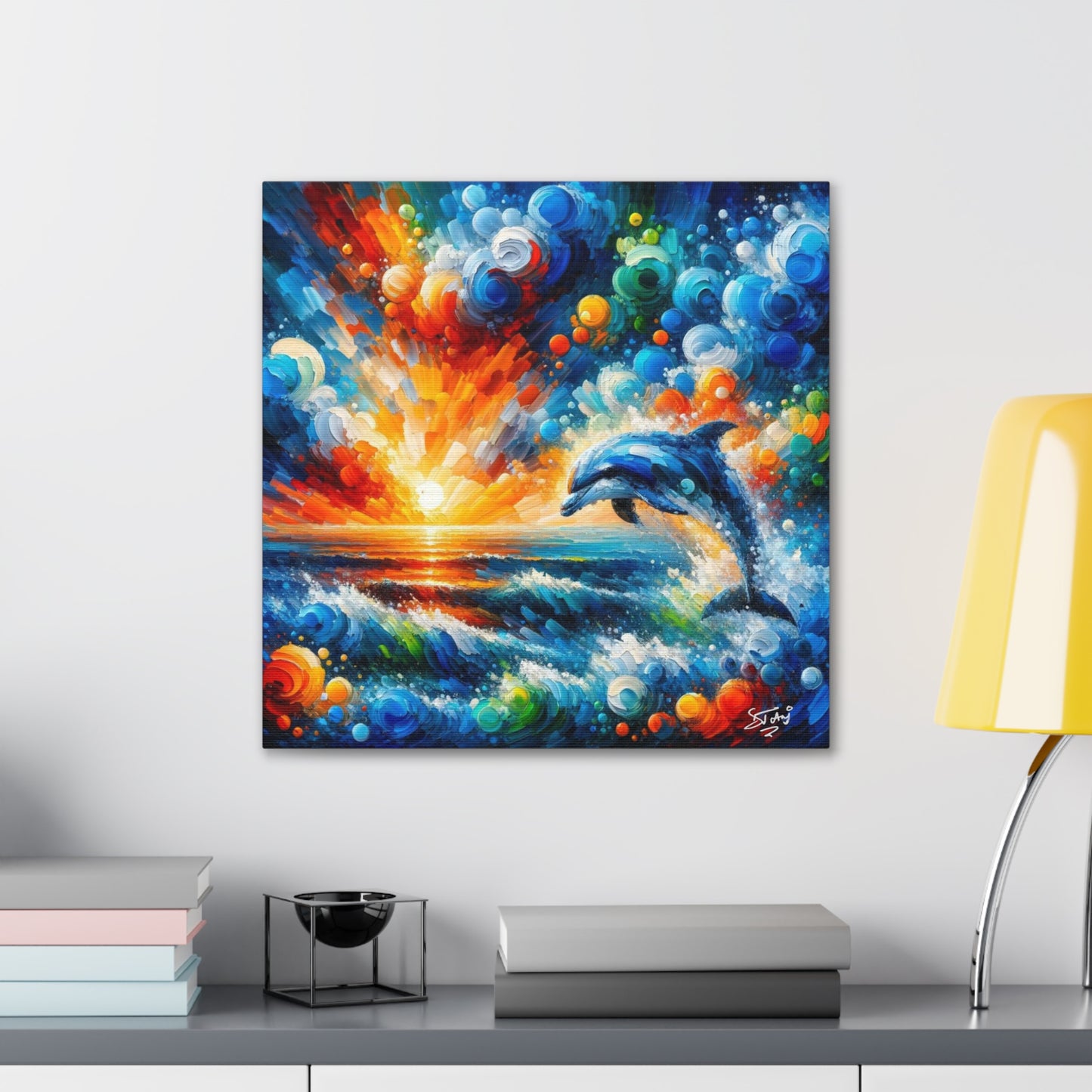 Art Print, Dolphin at Sunset, Abstract Oil Finish, Caribbean Nature, Canvas Gallery Wrap