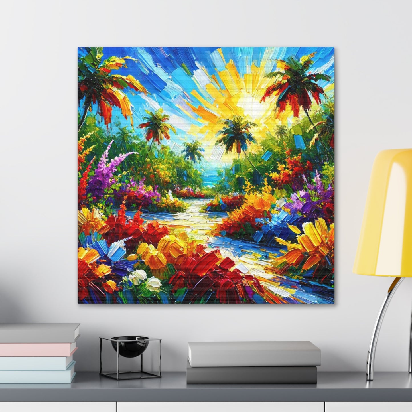 Art Print of Tropical Flower Garden, Abstract Oil Finish, West Indian Art, Canvas Gallery Wraps