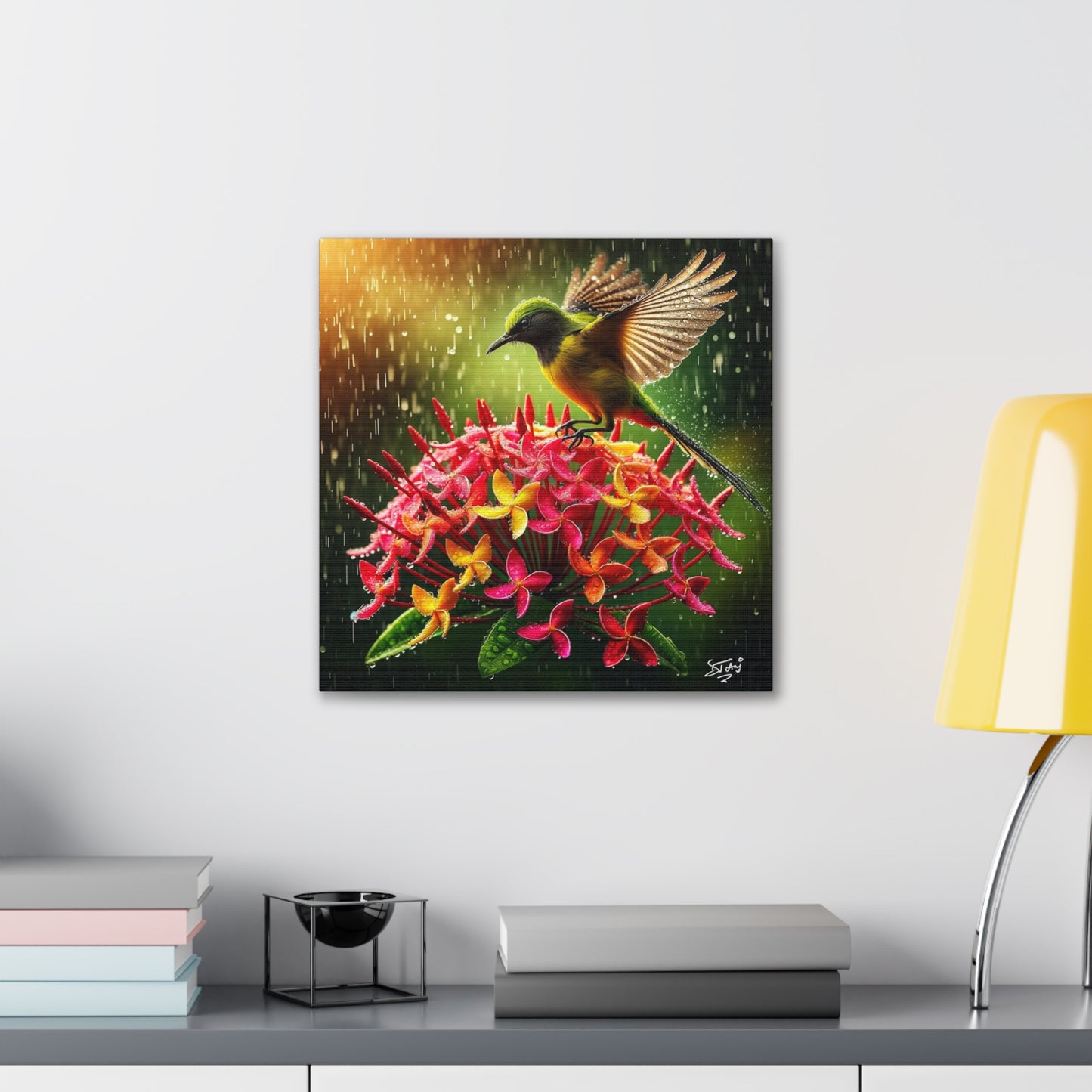 Print#2 of Tropical Bird in the Rain Perched on Ixora Flower, Oil Paint Finish, Caribbean, Tropical, Canvas Gallery Wraps