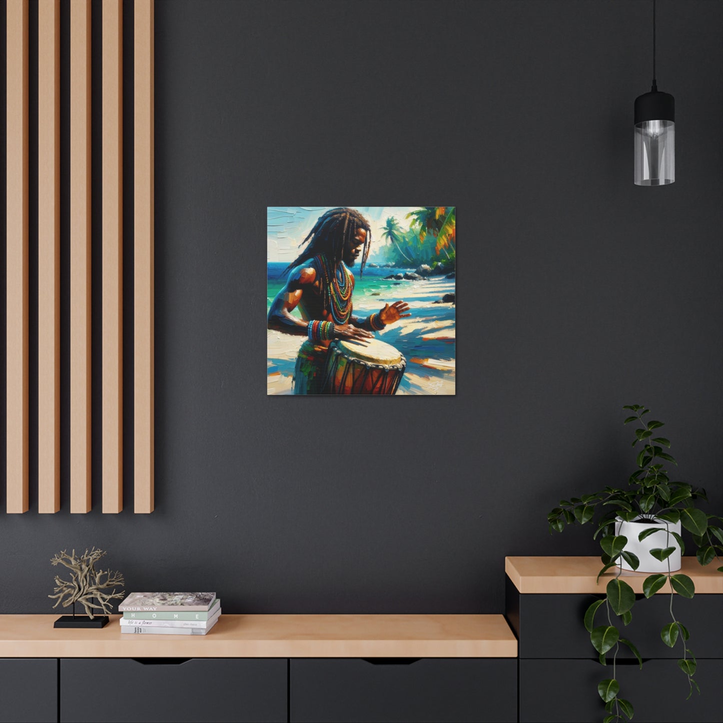 Art Print, Afro-Caribbean Man, "Drumming" Oil Finish, West Indian Ethnicity, Cultural, Heritage, Abstract, Canvas Gallery Wrap