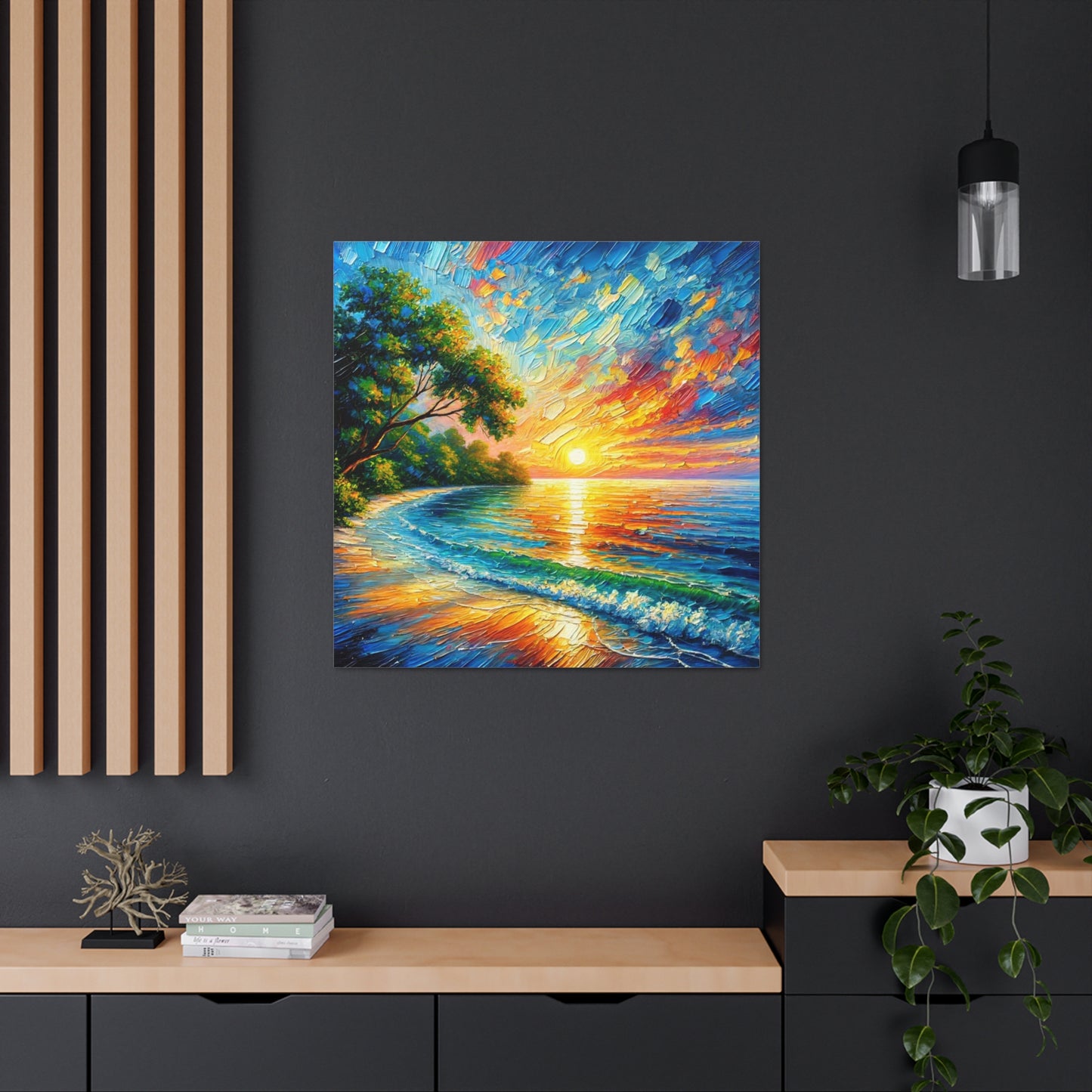 Art Print, Caribbean Sunset Beach Scene, Abstract, Oil Painting, West Indian Art, Canvas Gallery Wraps