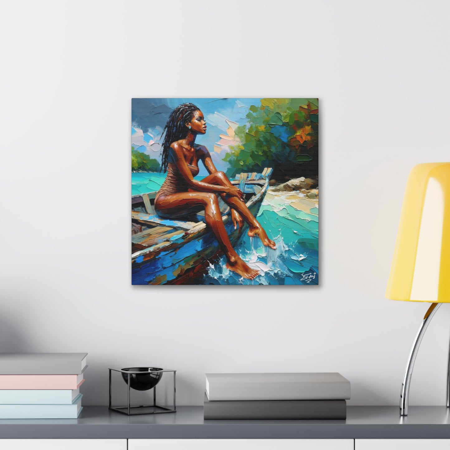 Art Print, Afro-Caribbean Woman "Chilling in the Boat (3)" Oil Finish, West Indian Ethnicity, Cultural, Heritage, Semi-Abstract, Canvas Gallery Wrap