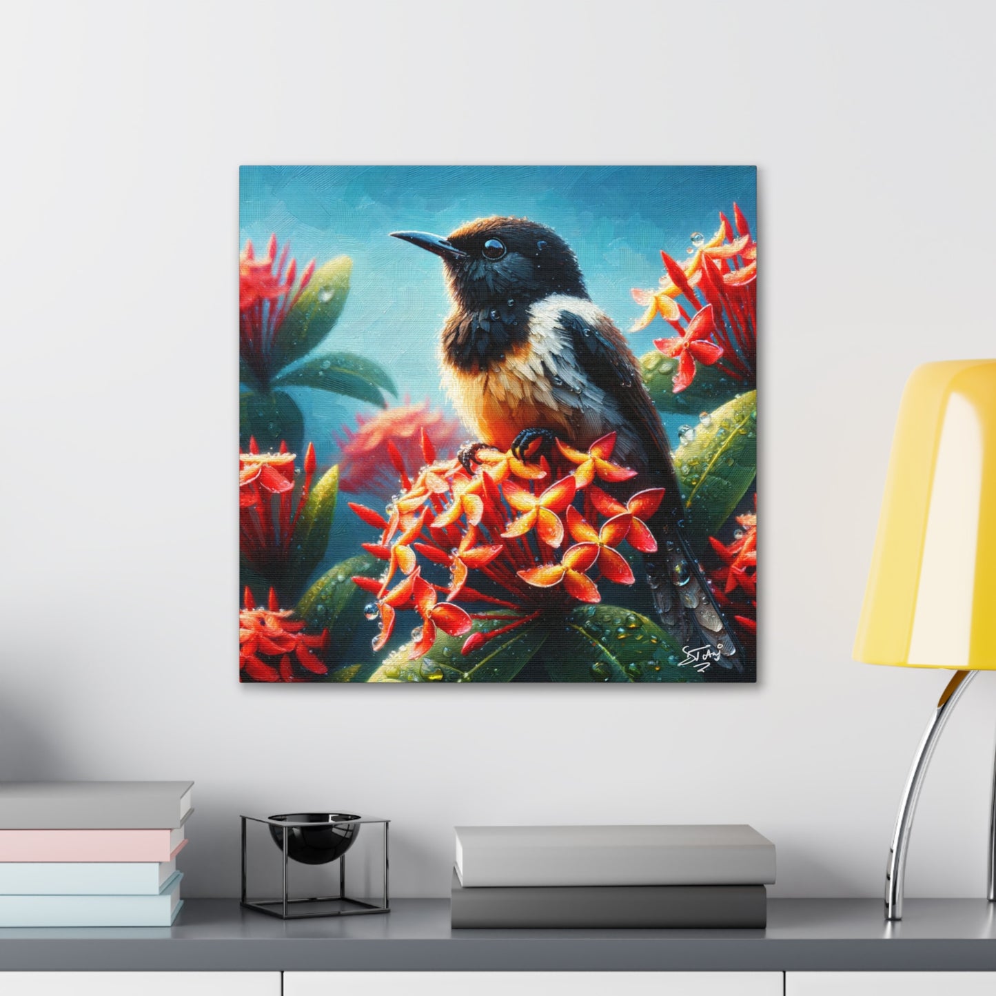 Print of Redstart Perched on Ixora Flower, Oil Paint Finish, Caribbean, Tropical, Canvas Gallery Wraps