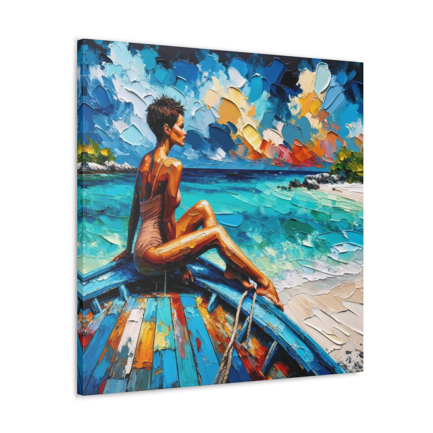 Art Print, Caribbean Woman "Chilling in the Boat" Oil Finish, West Indian Ethnicity, Cultural, Heritage, Semi-Abstract, Canvas Gallery Wrap