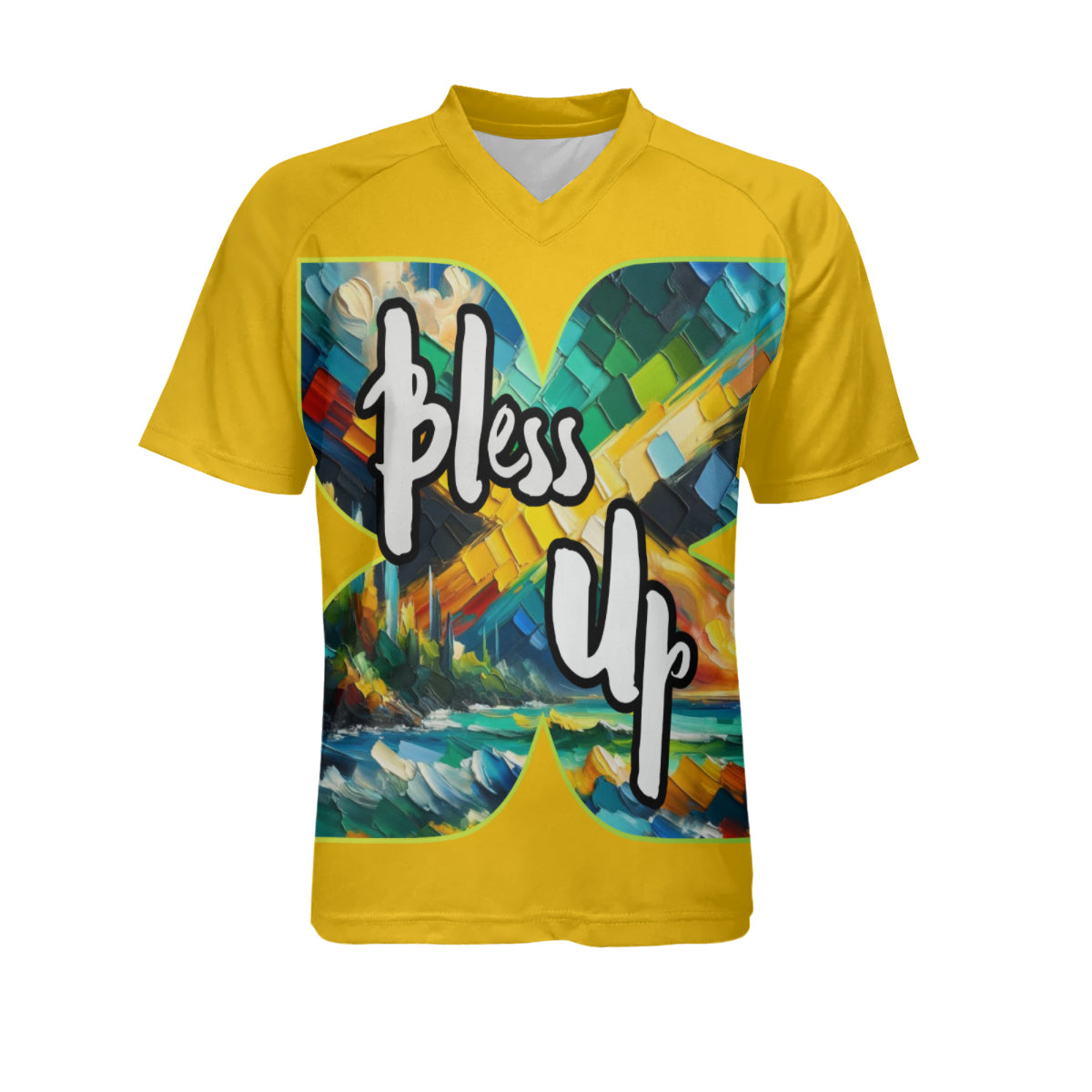 Men's V-Neck Polyester T-Shirt "Bless Up, Wah Gwaan"