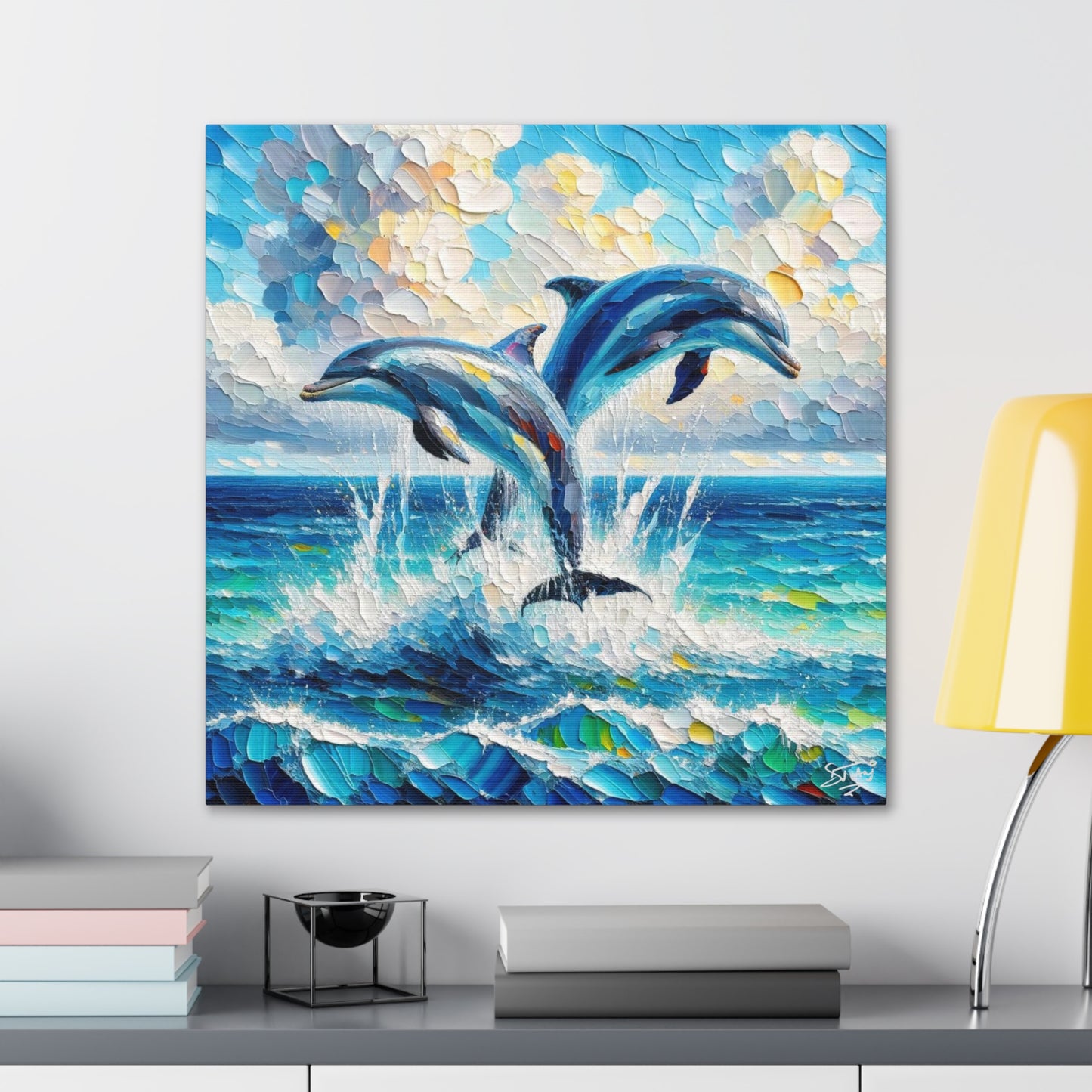 Art Print, Two Dolphins, Oil Finish, Caribbean Nature, Canvas Gallery Wrap