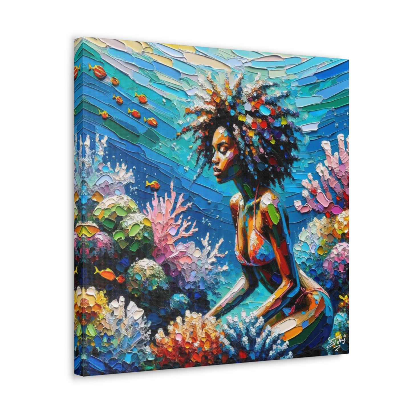 Art Print, Black Woman with Fishes in Coral Reef, Oil Finish, Caribbean Nature, Semi-Abstract, Canvas Gallery Wrap