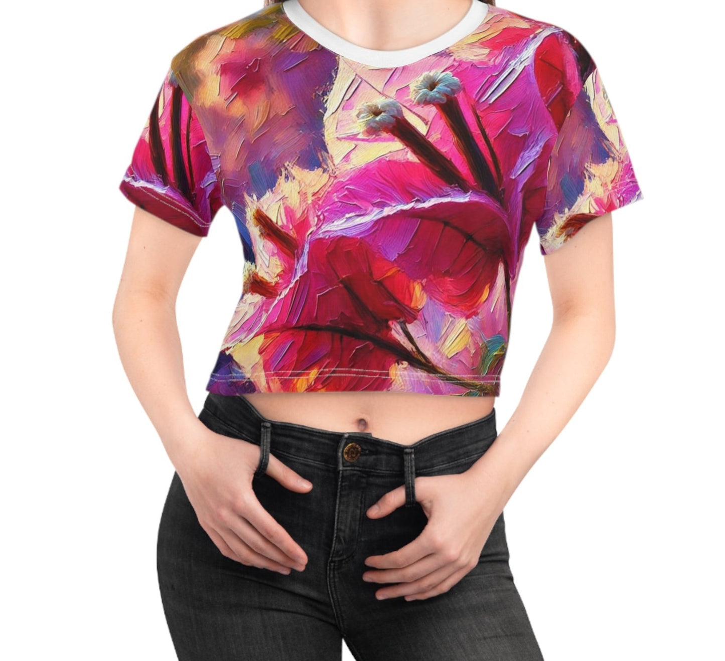 Women's Silky Soft Crop Tee (AOP) Pink Floral Print