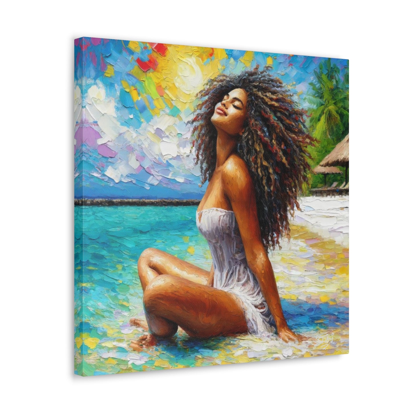 Art Print, Indo-Caribbean Woman, "Chilling on the Beach" Oil Finish, West Indian Ethnicity, Cultural, Heritage, Abstract, Canvas Gallery Wrap