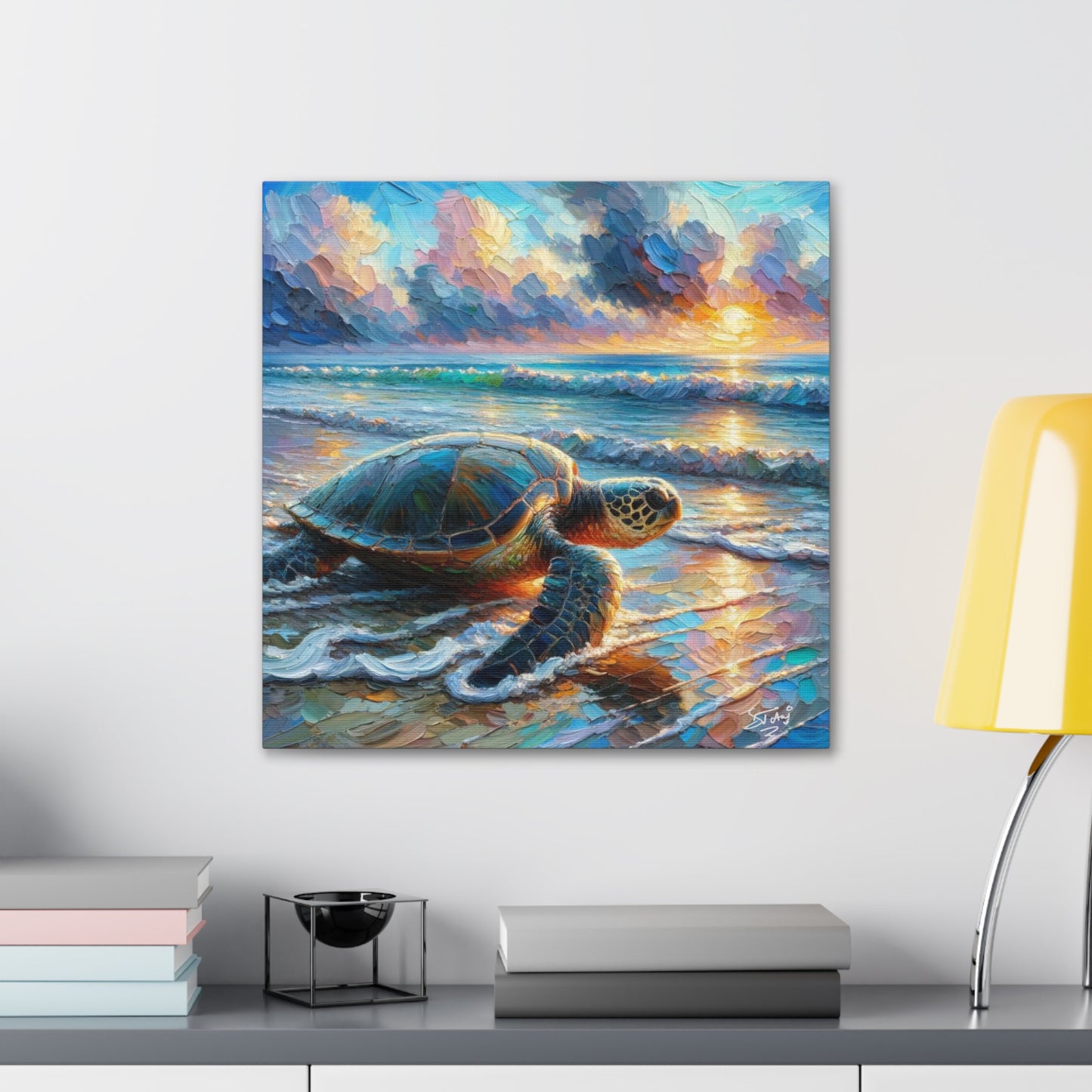 Art Print, Turtle at Sunrise, Caribbean Wildlife, Oil Finish, Caribbean Nature, Culture, Heritage, Canvas Gallery Wrap