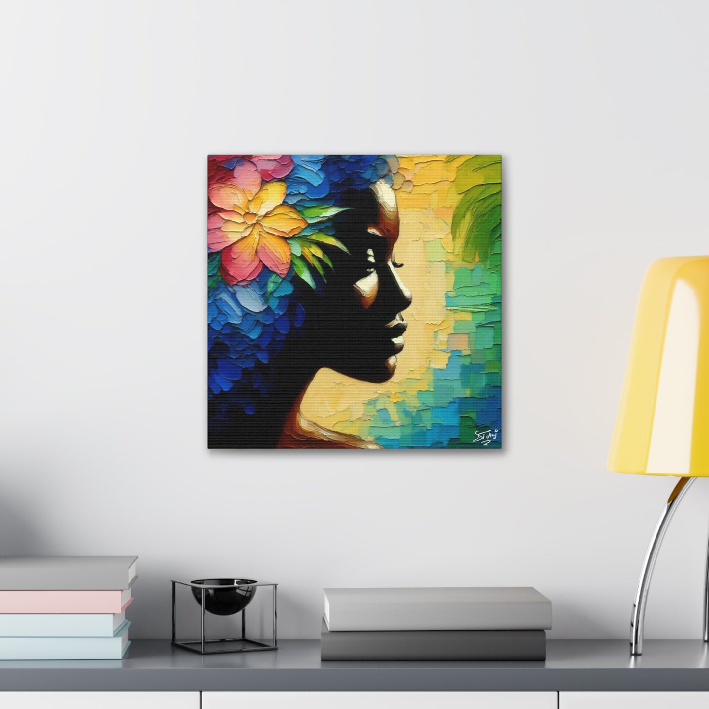 Art Print, Afro-Caribbean Woman "Deep in Thought" Oil Finish, West Indian Ethnicity, Cultural, Heritage, Semi-Abstract, Canvas Gallery Wrap